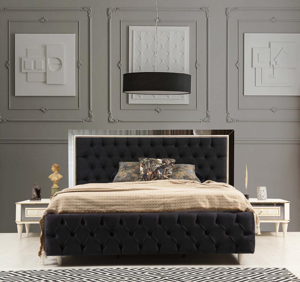 Xlmoebel Schlafzimmer-Set Luxuriöses Schlafzimmer Bett mit Nachttischen in Schwarz von XLMOEBEL, (3-tlg), Made in Europa
