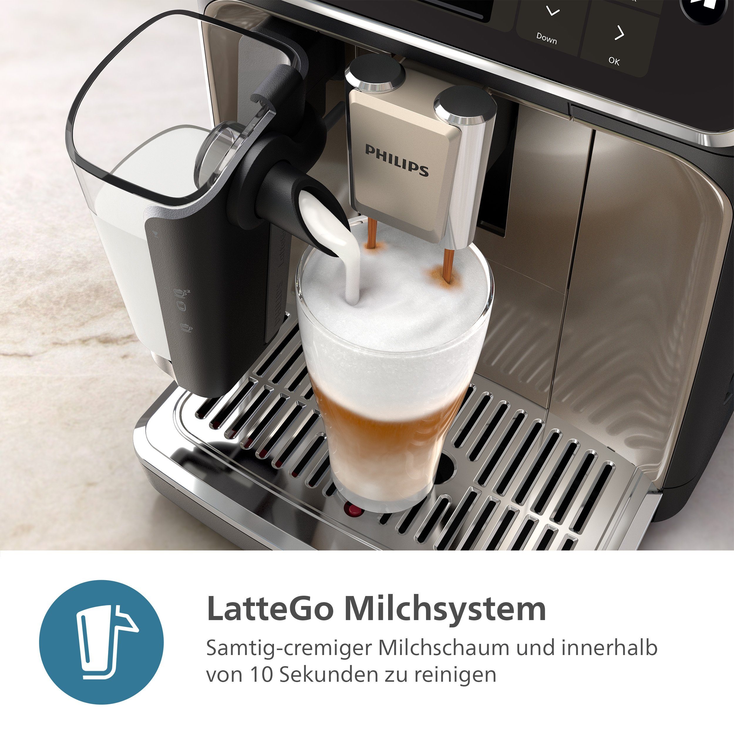 Philips Kaffeevollautomat EP5547/90 5500 Series, 20 Kaffeespezialitäten (heiß oder eisgekühlt), LatteGo-Milchsystem, SilentBrew Technologie – Bild 4 von 5