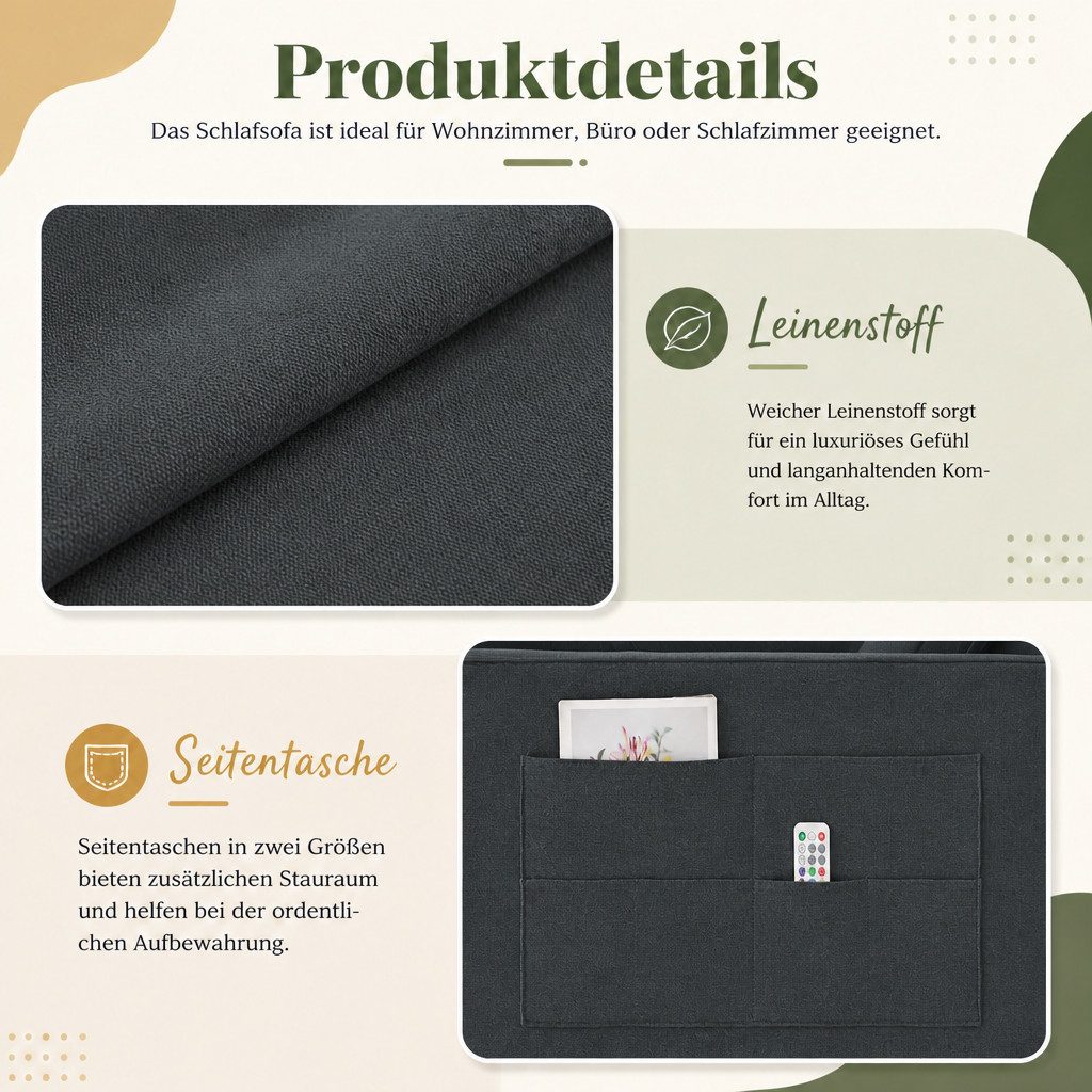 AMERLIFE Schlafsofa mit 5-stufiger Verstellung, 3-in-1, Dunkelgrau, 1 Teile, Verstellbare Kopfstütze – Bild 3 von 5