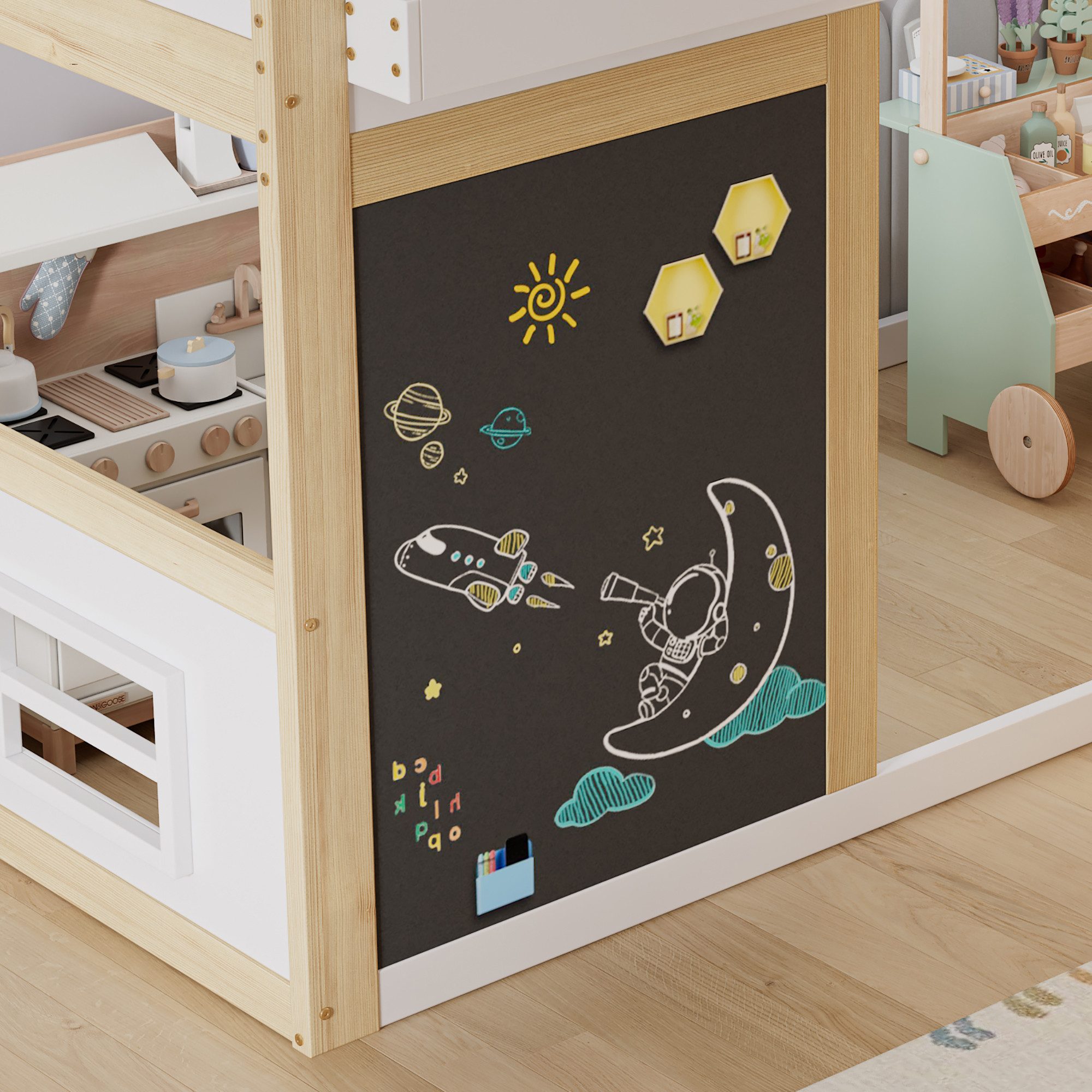 Flieks bunk bed, children's loft bed 90x200cm with chalkboard, storage box, angled ladder