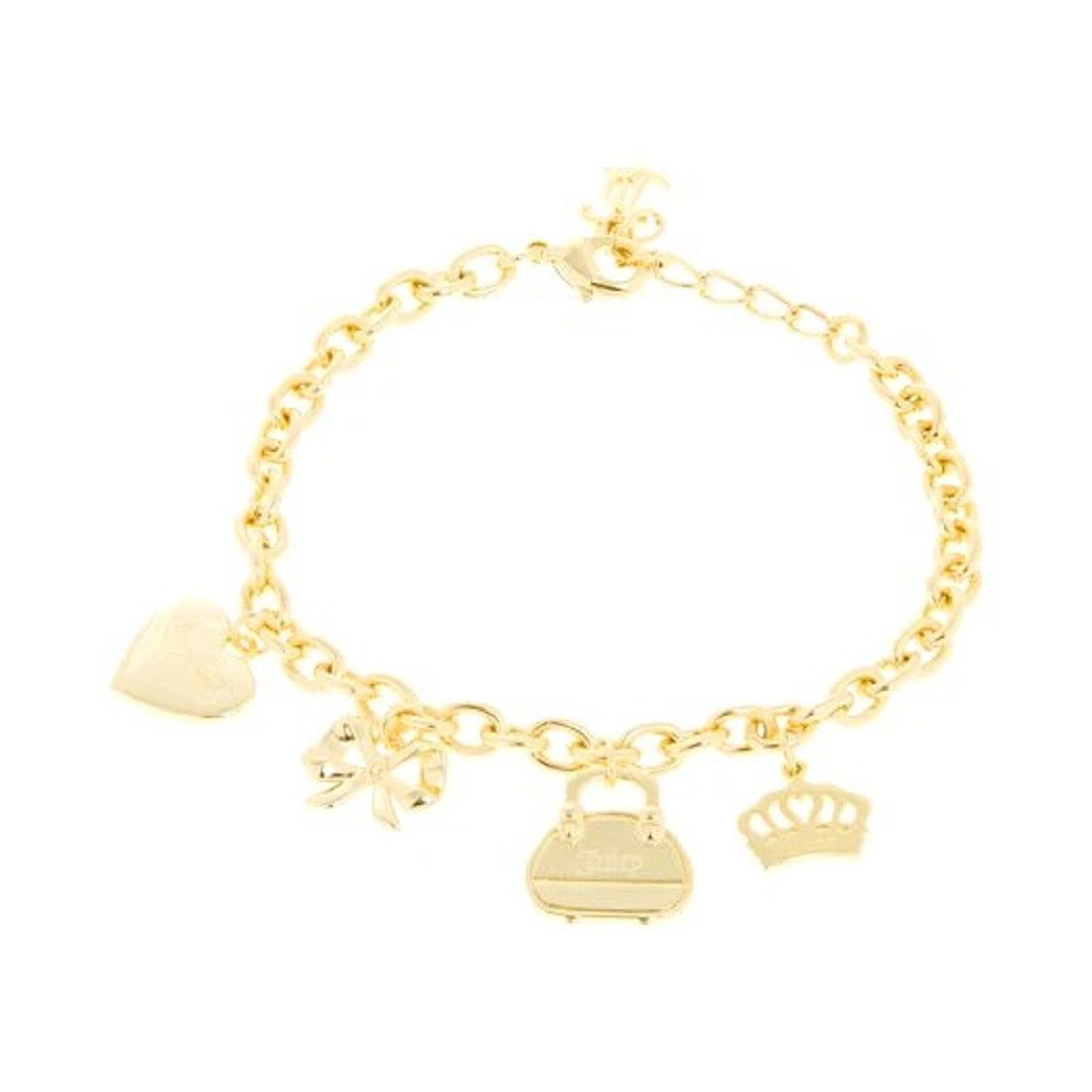 Juicy Couture Charm-Armband Juicy Couture Damen Armband, Juicy Couture Charm Bracelet Vergoldet, Vier Anhänger in form einer Krone, Schleife, Herzens, Handtasche.
