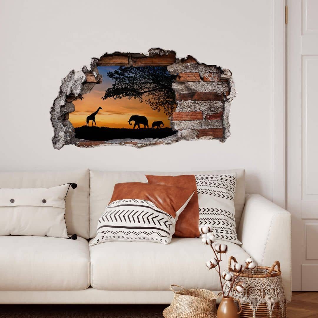 K&L Wall Art Wandtattoo 3D Wandtattoo Safari Waldtiere Giraffe Elefant Afrika Sonnenuntergang, Mauerdurchbruch Wandbild selbstklebend