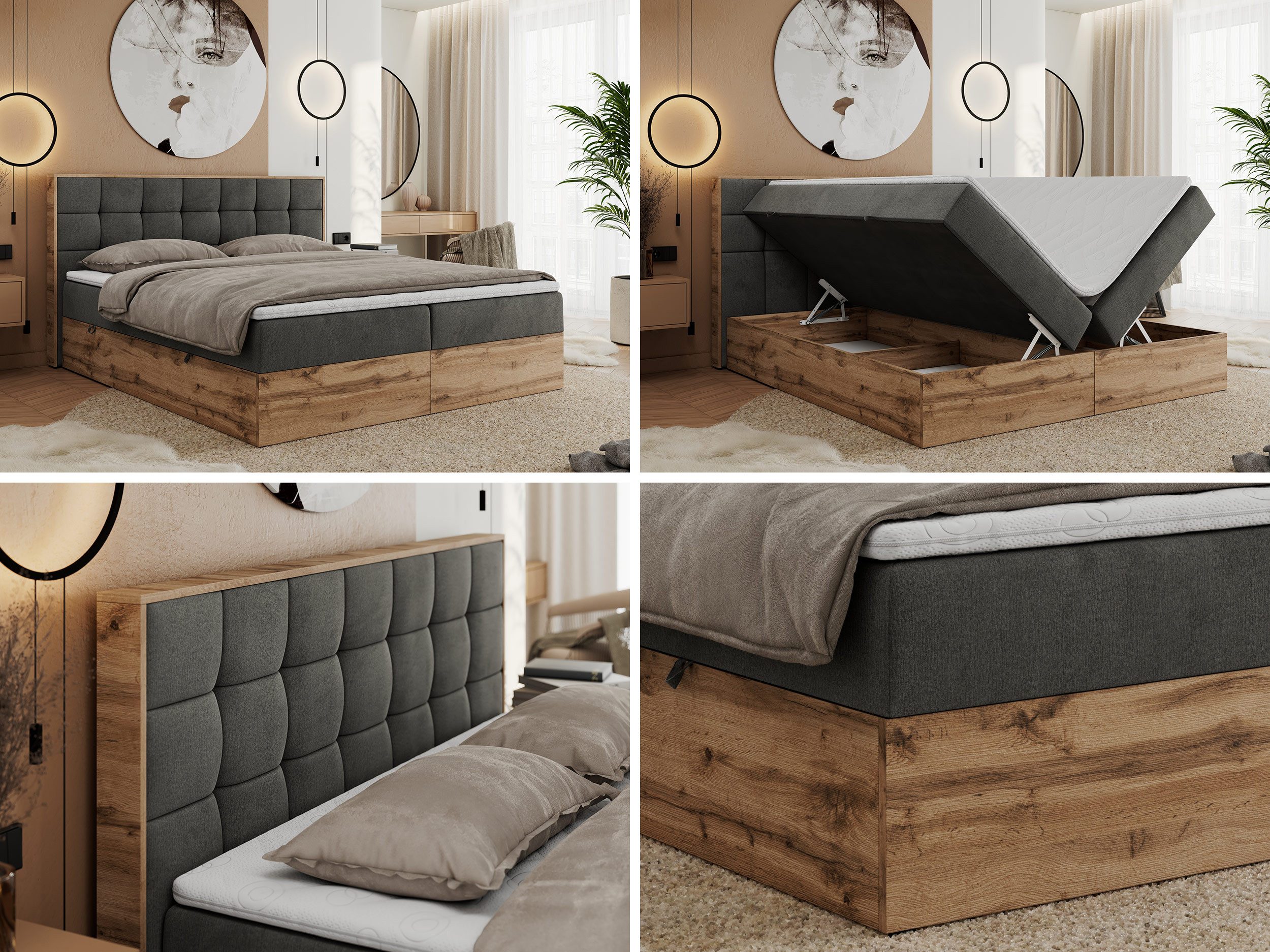 MKS MÖBEL Boxspringbett ALBERO 1 (Set, Packung, Topper T25/Visco, Stauraum, Matratzen, Bettkästen, T30-Schaum), Doppelbett, Multipocket-Matratzen, Möbelplatten, Praktisch