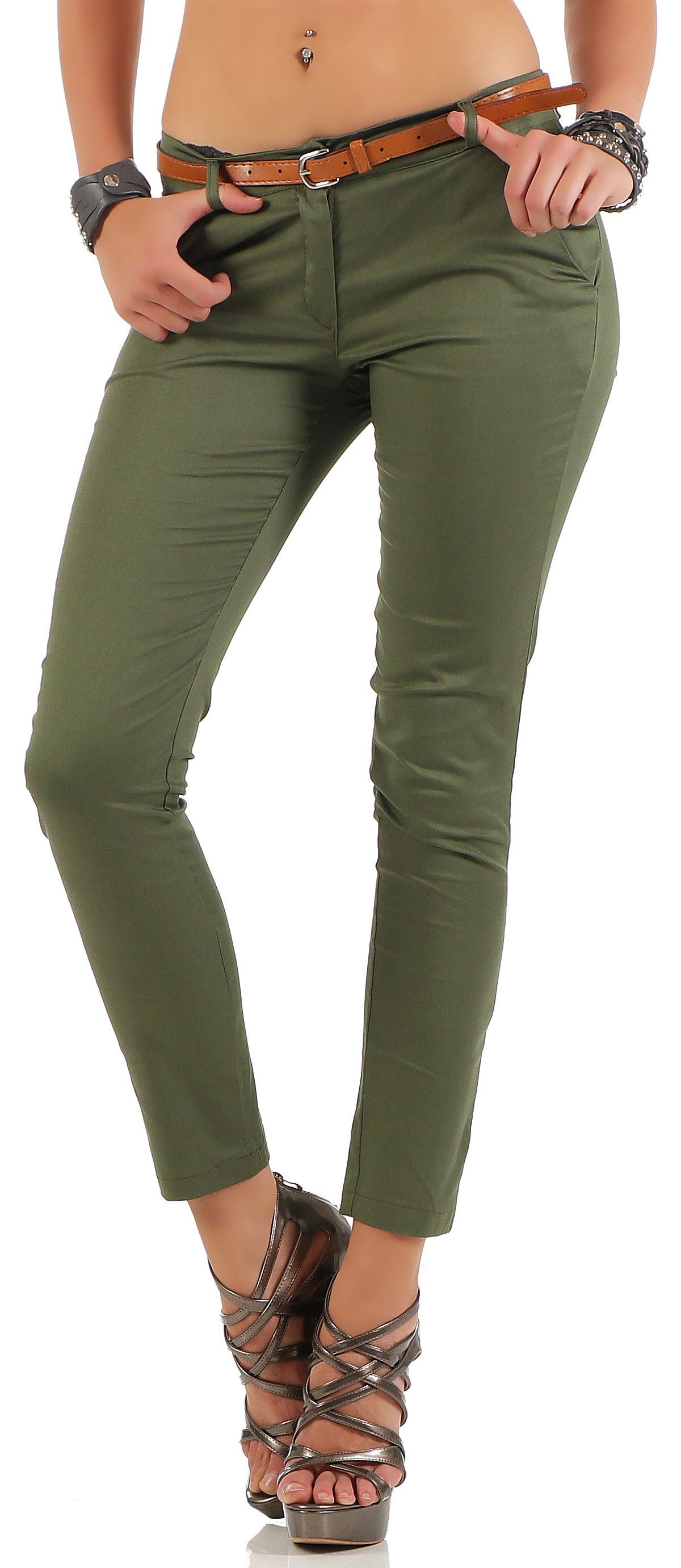 Chinohose malito Damen Chinohose mit Gürtel, Stretch Caprihose, schicke Freiz
