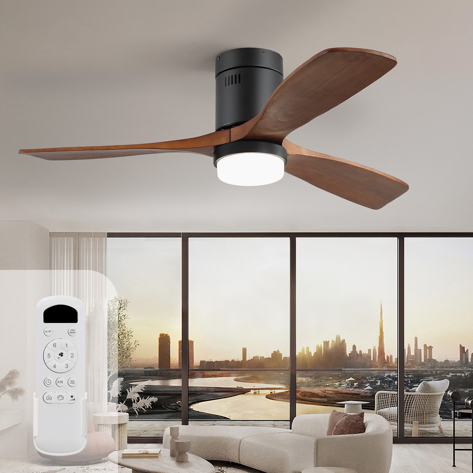 Sofucor Deckenventilator mit LED-Beleuchtung und Fernbedienung, 3 Holzlüfte günstig online kaufen
