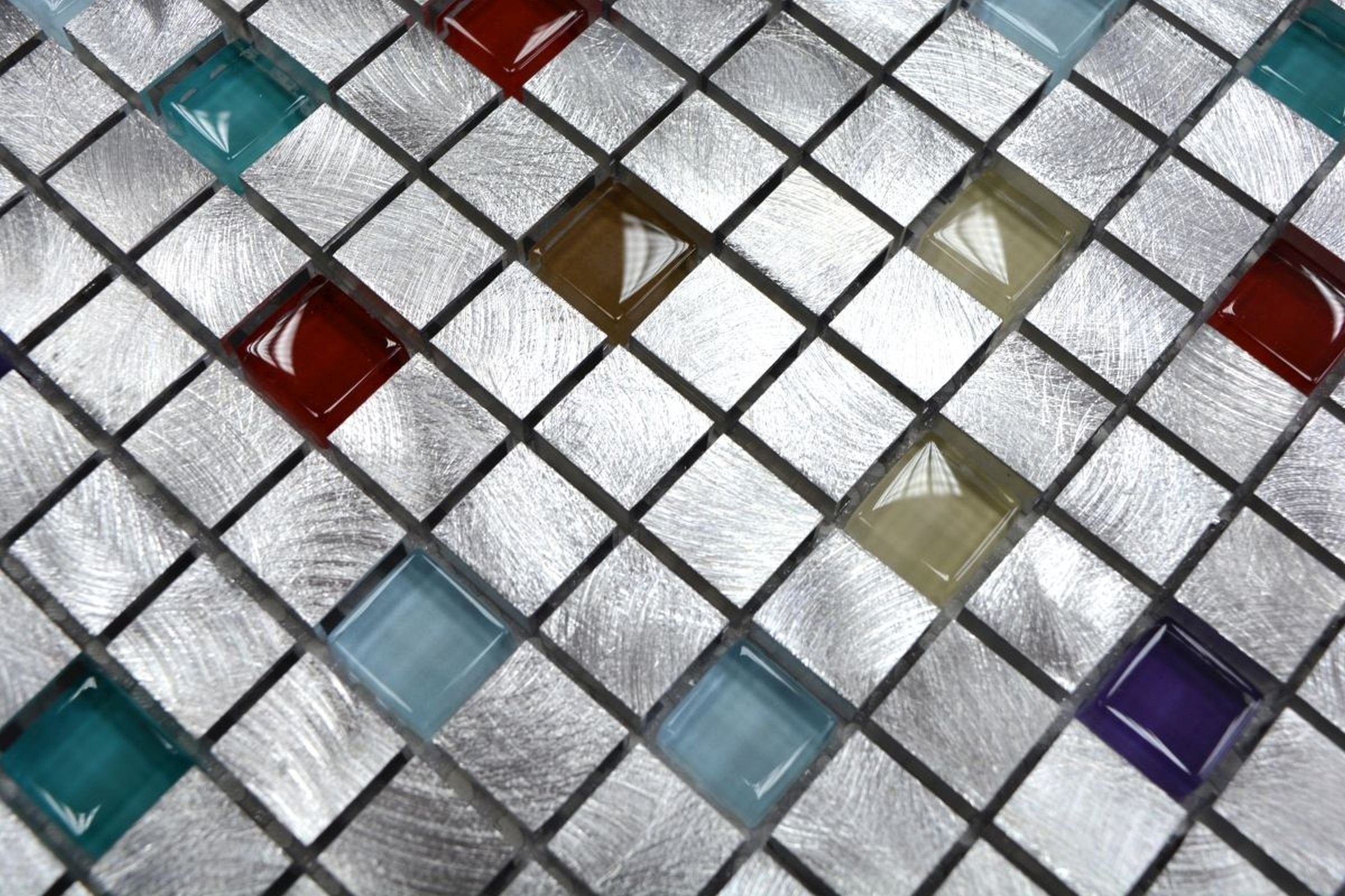Mosaik Küchenrückwand bunt silber Mosaikfliesen Fliese Mosani Glasmosaik Aluminium