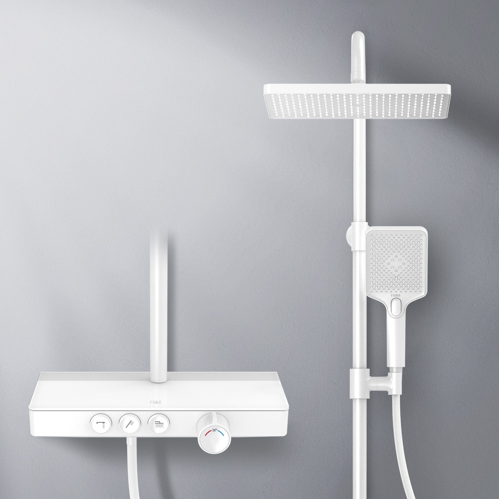 EMKE Duschsystem Duschset eckig mit Thermostat 38 °C, Regendusche und Handbrause, Chrom, 3 Strahlart(en), höhenverstellbar,mit 45cm Thermostatische Platte,Duschset