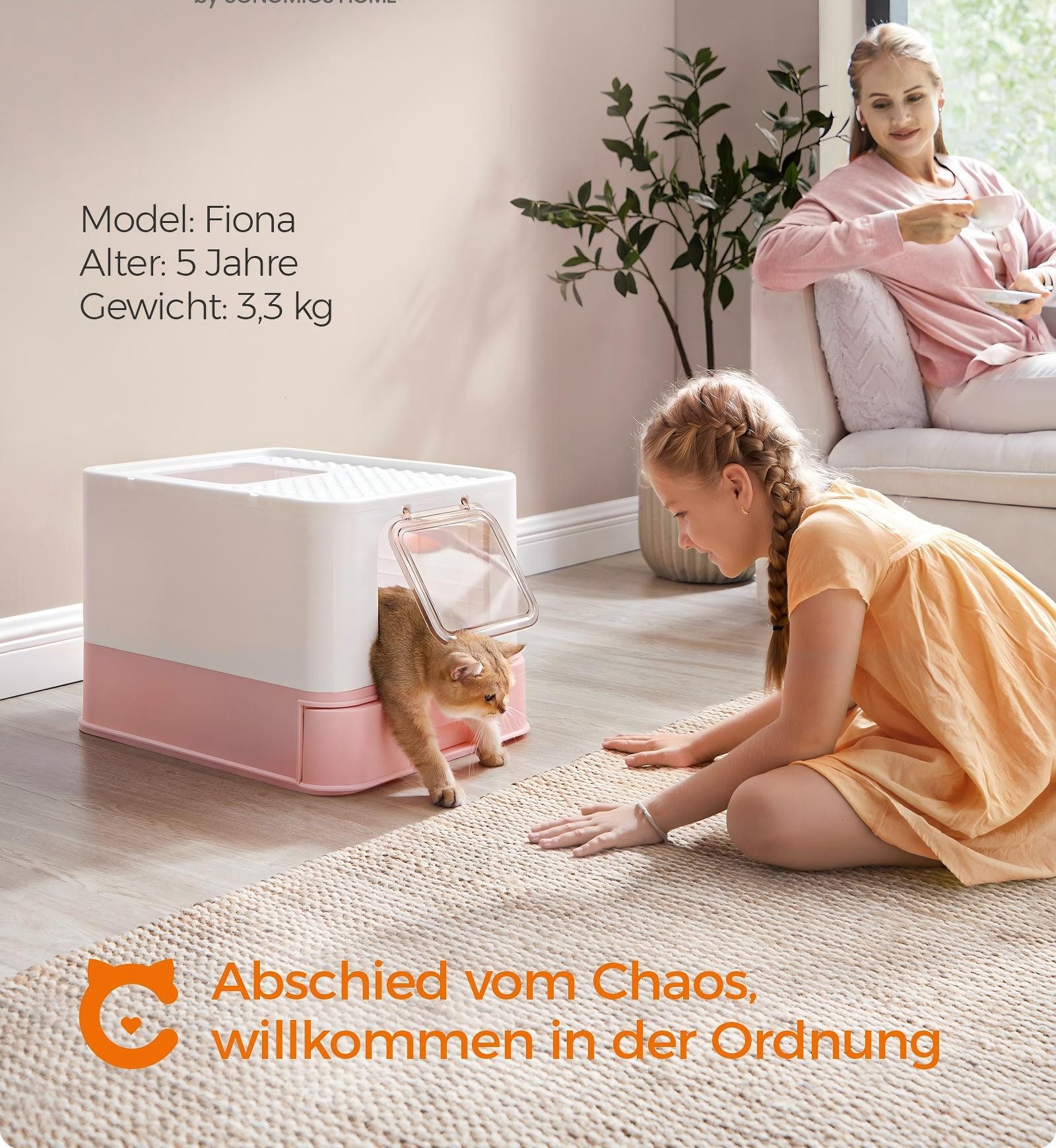 FEANDREA Katzentoilette mit Deckel, mit Tablett, Schaufel und Bürste, Auslaufsicherer Boden, für Katzen bis 15 kg, 1er/2er Set