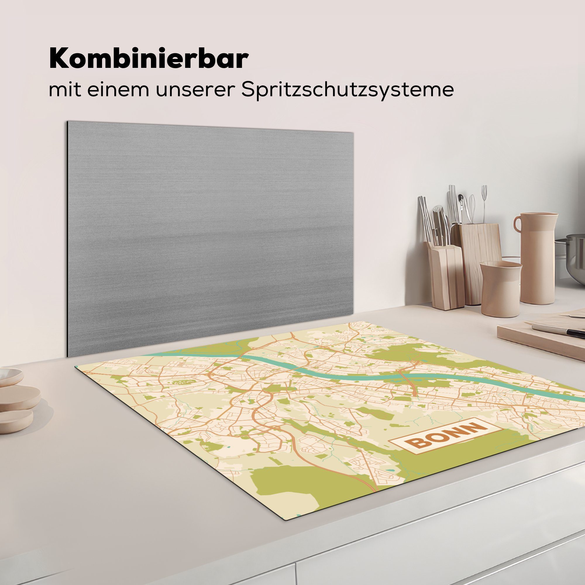 MuchoWow Herdblende-/Abdeckplatte Jahrgang - Bonn Karte, cm, Vinyl, - Arbeitsplatte 78x78 - küche für Ceranfeldabdeckung, Stadtplan tlg), (1