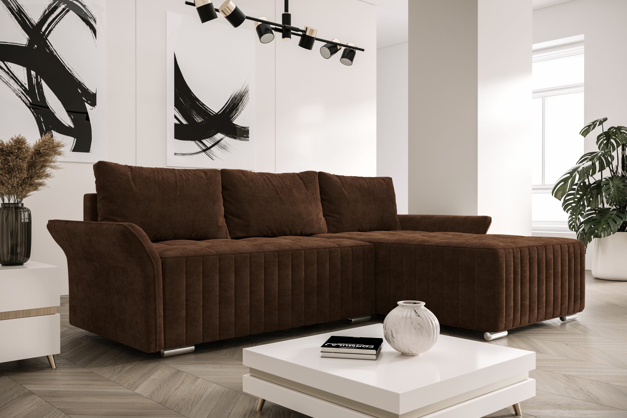 ROYAL24_MARKT Ecksofa Stil, Ecksofas, inklusive Braun Ausklapp-Automat, Moderner Moderne Flexibles Komfortzone Rückenkissen Elegante Wohn-Set