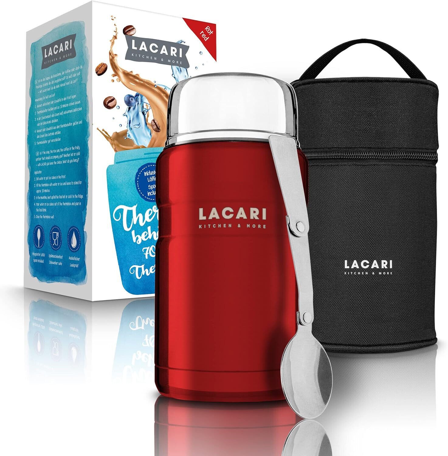 LACARI Thermobehälter Thermobehälter 700ml Thermobox Rot Lacari auslaufsicher Edelstahl, Edelstahl, (Packung), mit zusätzlicher Isoliertasche, klappbarer Löffel
