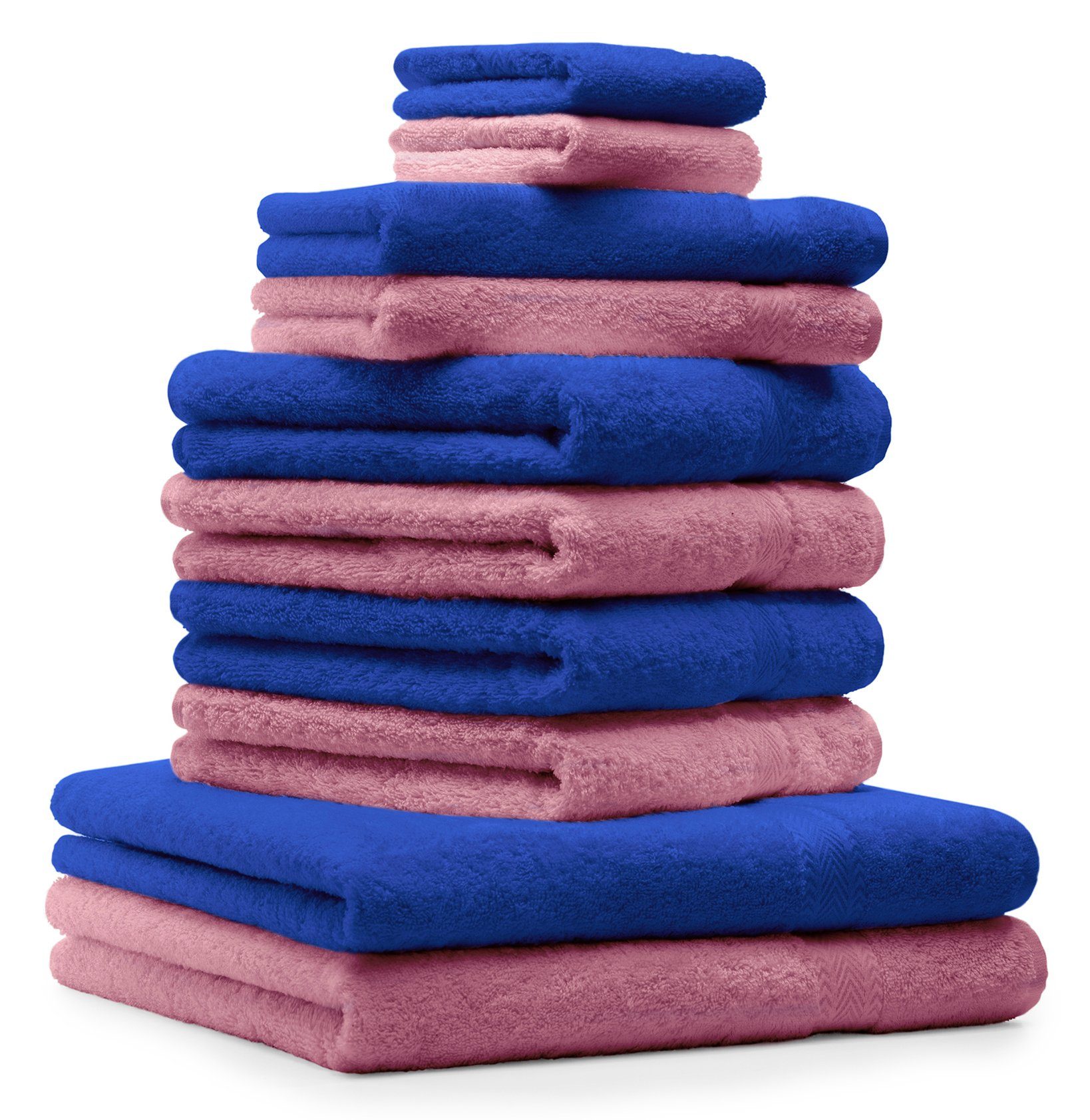 2 & Handtuch Altrosa, Baumwolle 10-TLG. Gästetücher Farbe 4 Baumwolle, 2 Premium Handtücher Blau 2 Royal 100% Handtuch-Set Duschtücher Set Waschhandschuhe 100% Betz (10-tlg)