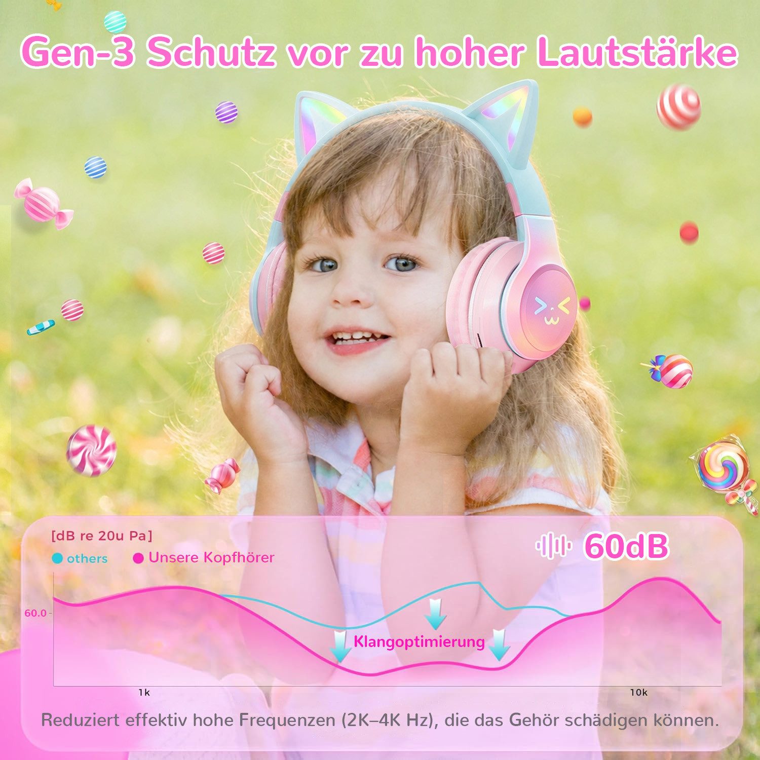 FOSMET Bluetooth Kopfhörer Kinder mit LED-Leuchten 60dBA Lautstärkebegrenzung Over-Ear-Kopfhörer (10 Stunden Spielzeit, Stereo-Sound, Kinderkopfhörer für Tablet/Reisen)