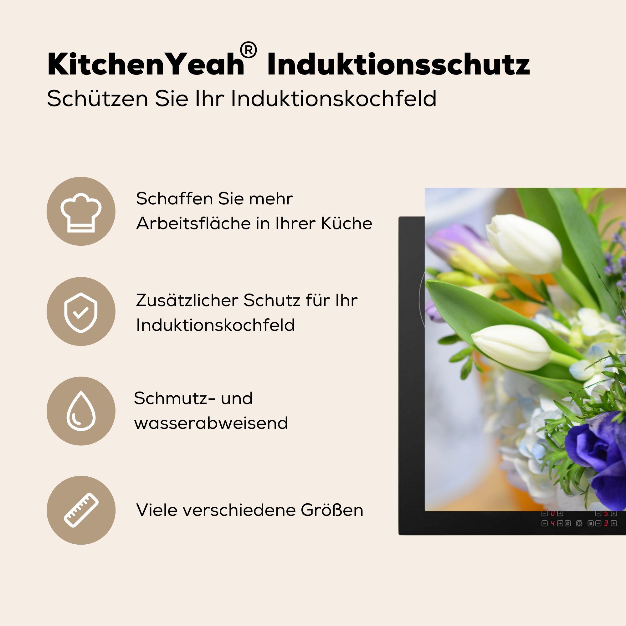 Herdblende-/Abdeckplatte 81x52 Tulpen tlg), einem Induktionskochfeld in die küche, Blaue für Vinyl, Schutz (1 MuchoWow Strauß, Ceranfeldabdeckung cm,