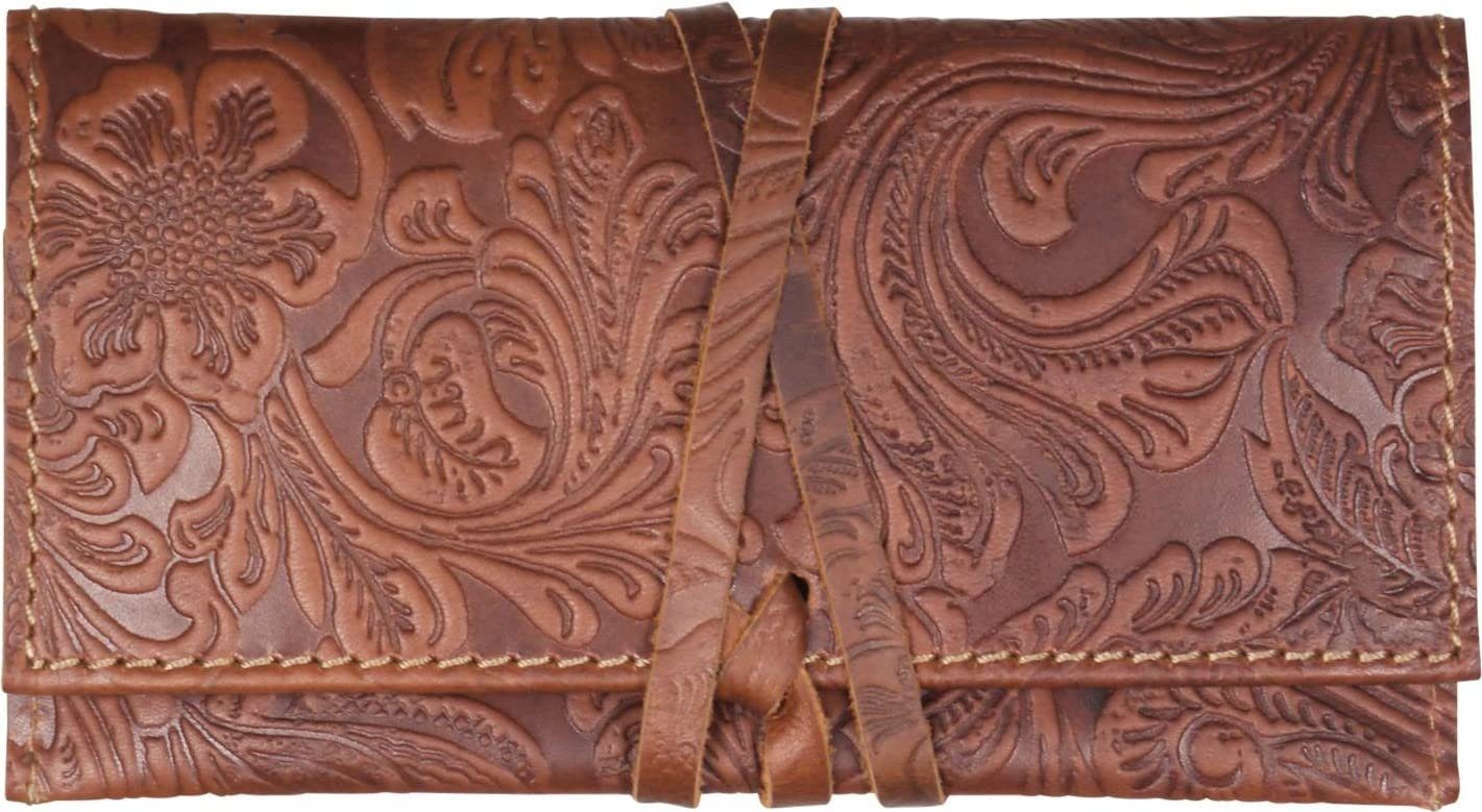 LK Trend & Style Aufbewahrungstasche Drehertasche Tabakbeutel echt Leder mit Zigarettenpapierfach, echt Leder Blumenmotiv 16cm mit Lederband