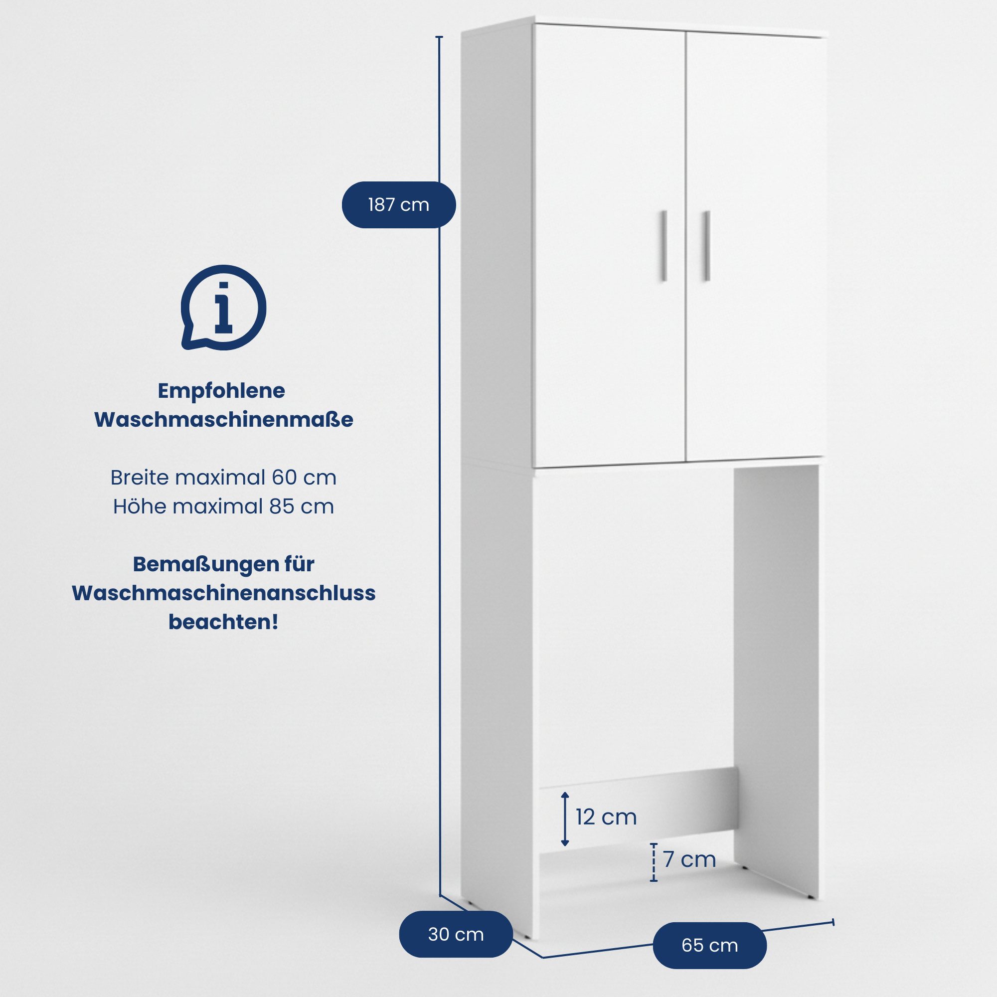 Home Collective Waschmaschinenumbauschrank Hochschrank mit 3 Fächern robust und pflegeleicht 65x30x187 cm (BxTxH), Weiß, praktisch & viel Stauraum