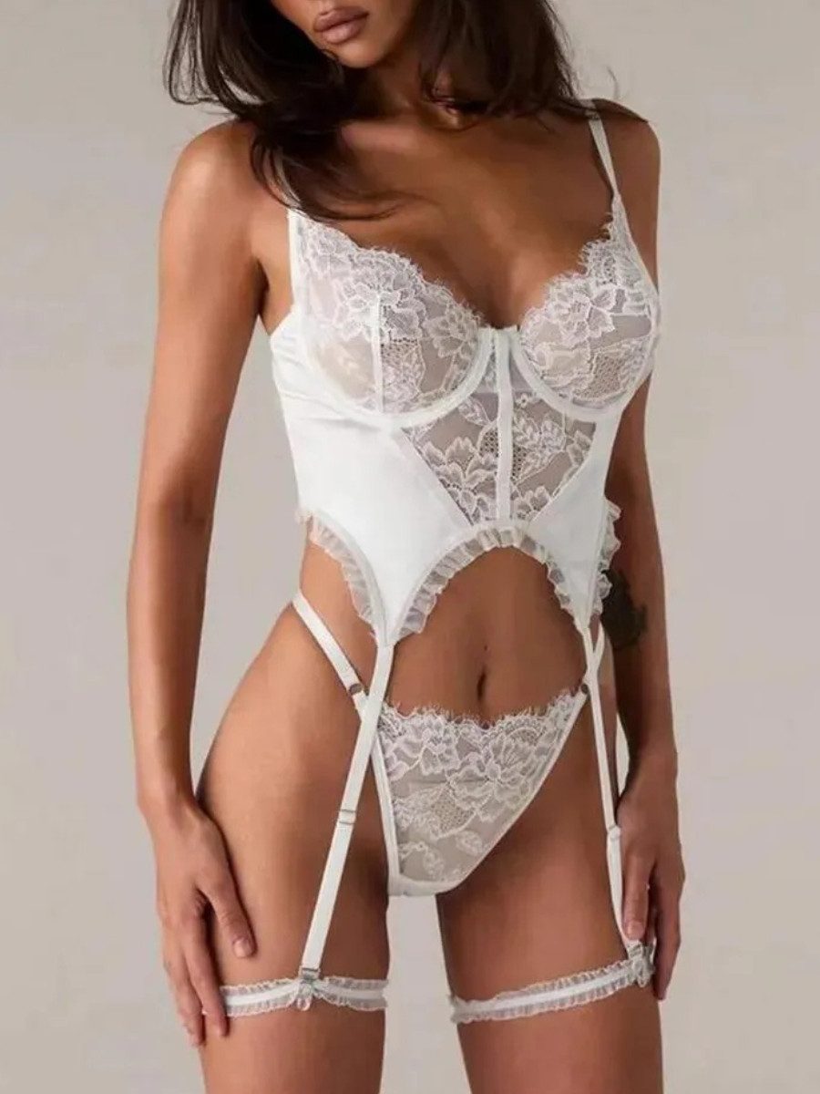 Elegant Love Set: Corsage Lingerie-Set aus Satin und Spitze – Sexy Dessous-Set (Set, 3-tlg., Strumpfband, BH und String) Reizwäsche-Set mit Bügel-BH und Tanga – Spitzenunterwäsche