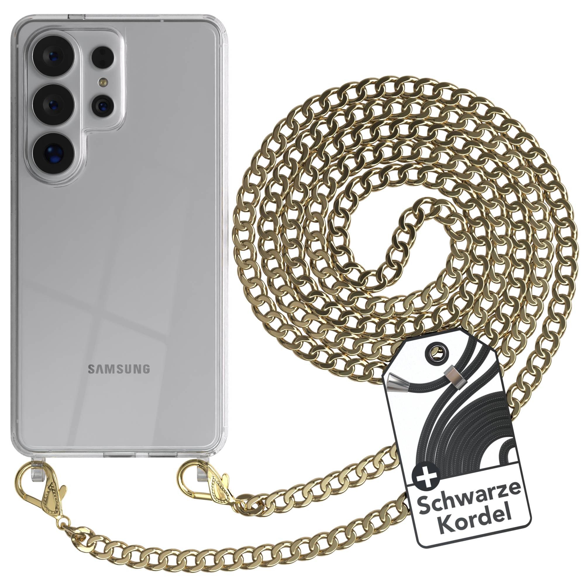 EAZY CASE Handykette 2in1 Metallkette für Samsung Galaxy S26 Ultra 6,9 Zoll, Hülle mit Band Silikonhülle durchsichtig Necklace Cover Slimcover Gold