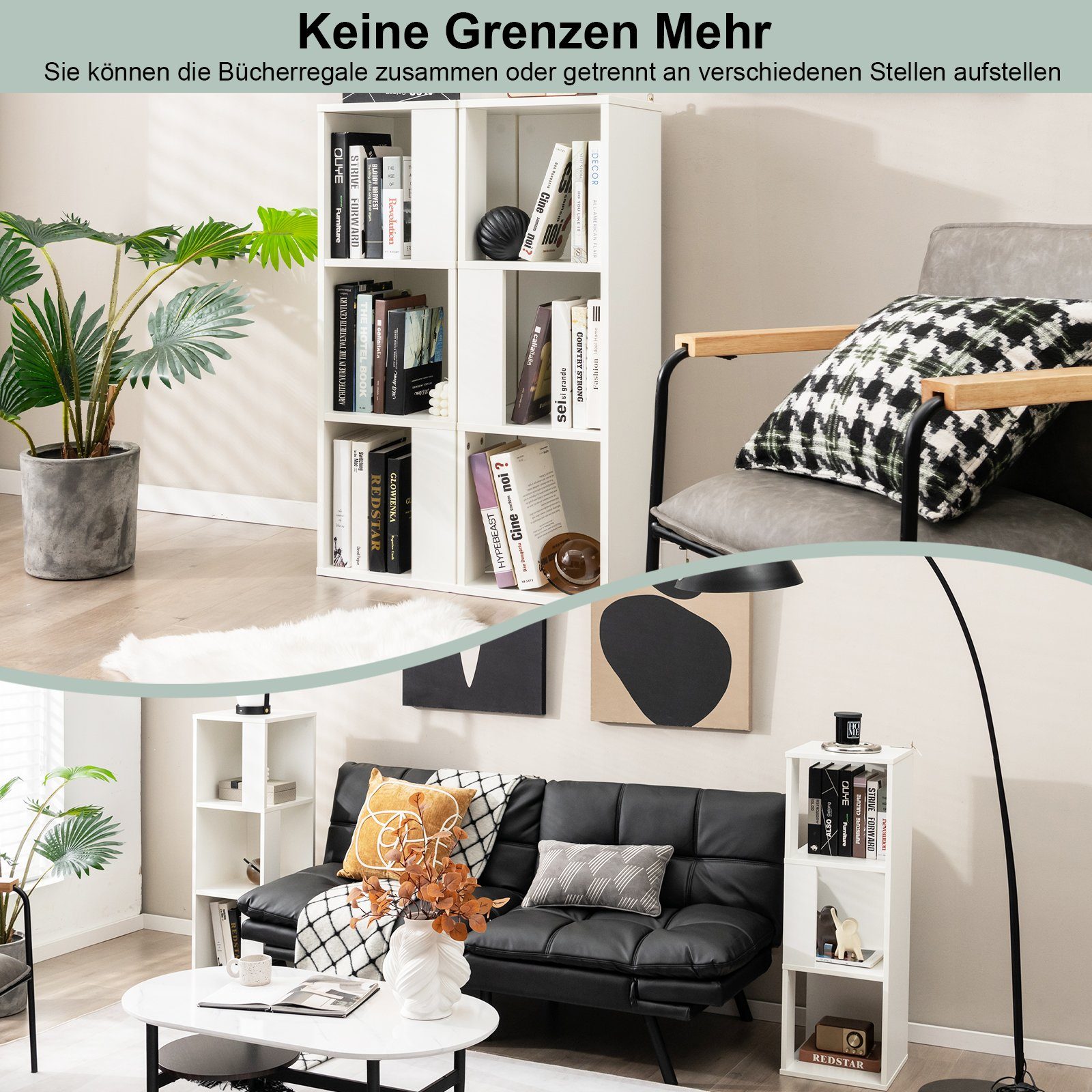 COSTWAY Bücherregal, 2-tlg., mit 6 Fächern, Holz, Kippschutz, 33x33x100,5cm günstig online kaufen