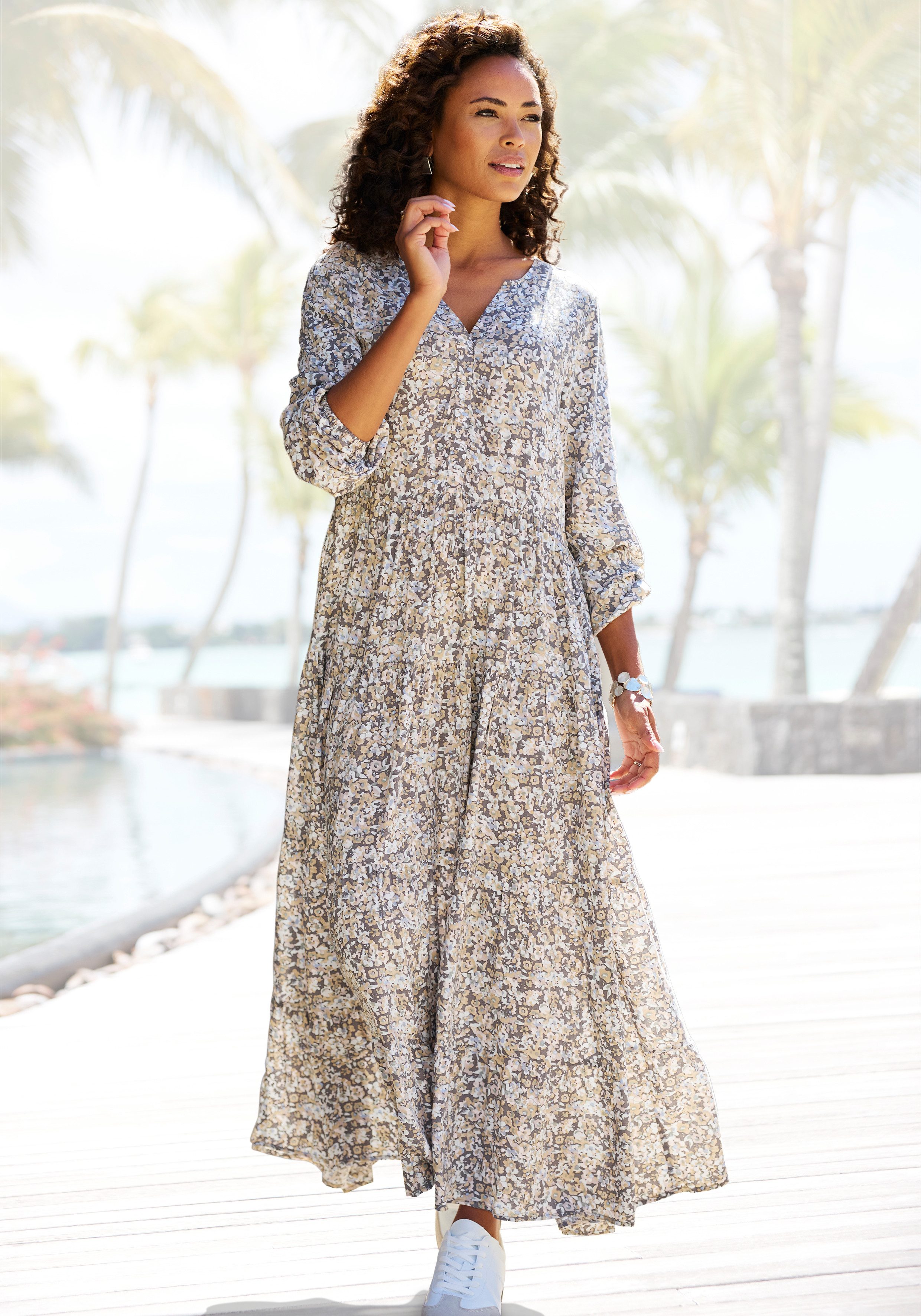Vivance Maxikleid mit Alloverprint und Volants, langärmlig, Druckkleid, casual-chic