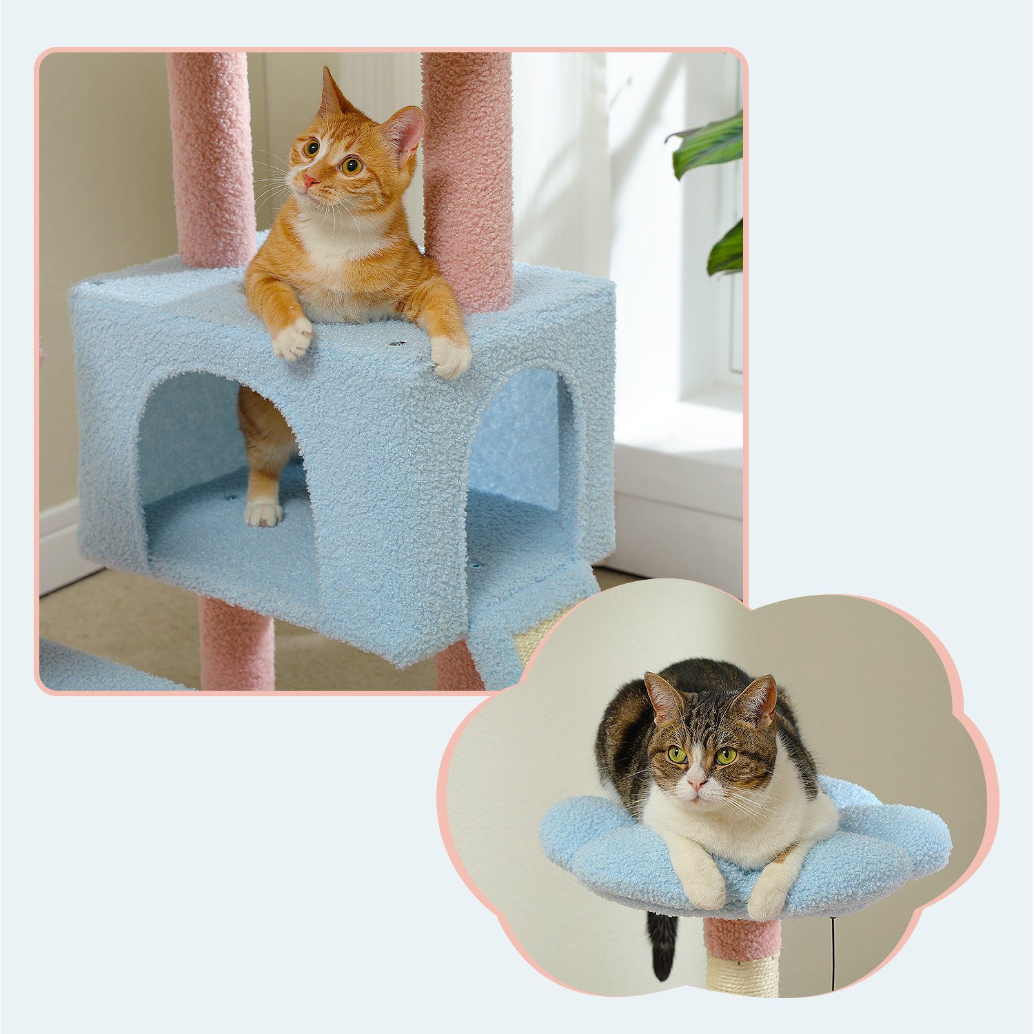 PETEPELA Kratzbaum Blumen-Kratzbaum für Katzen, Niedliches Design mit großem Schlafhaus, Platzsparend,120cm,blau, grün