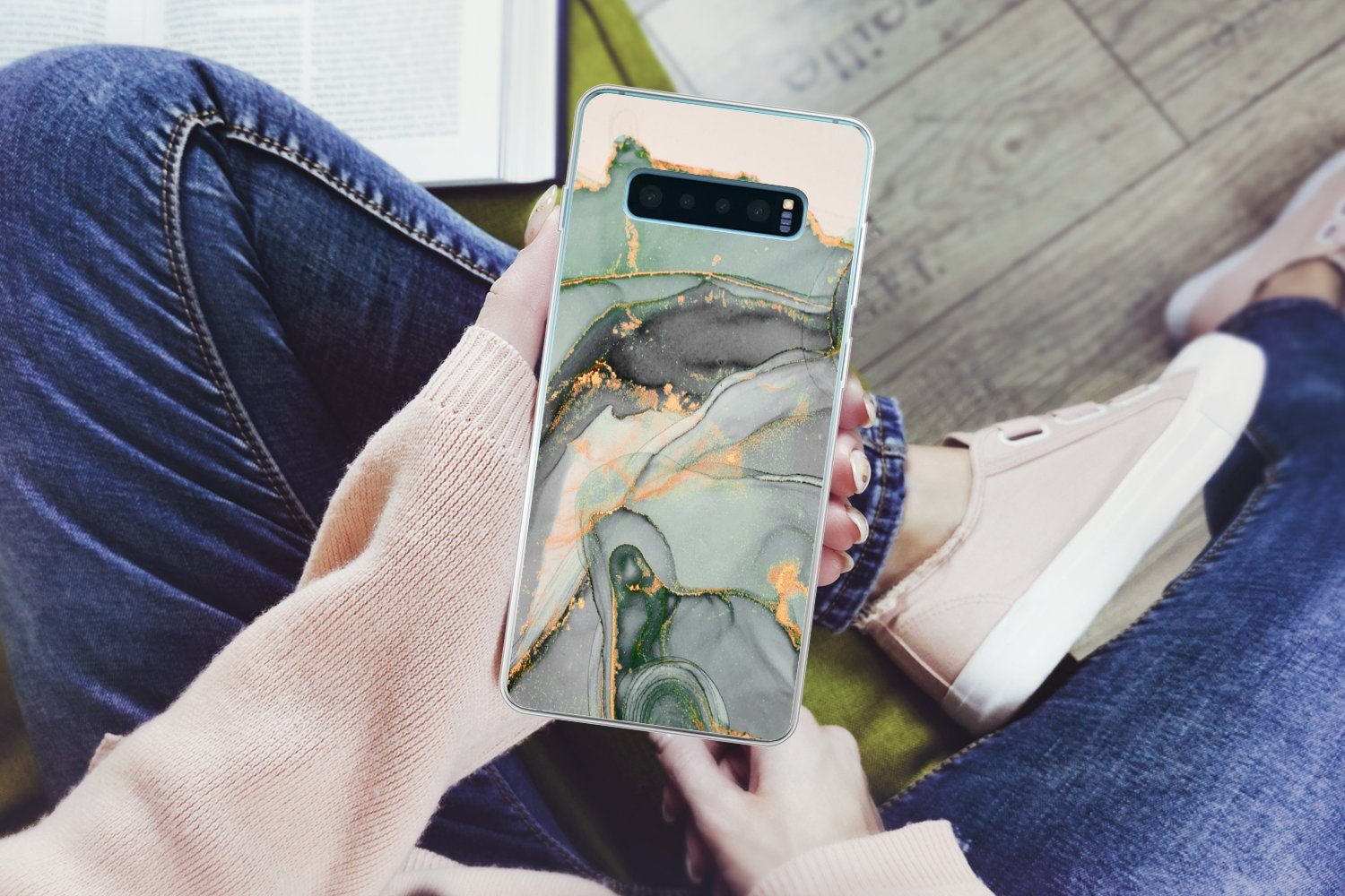 MuchoWow Handyhülle für Samsung Galaxy S10 Plus Gold - Marmor - Grün - Luxus - Glitzer - M, Phone Case, Silikon, Schutzhülle Dünn