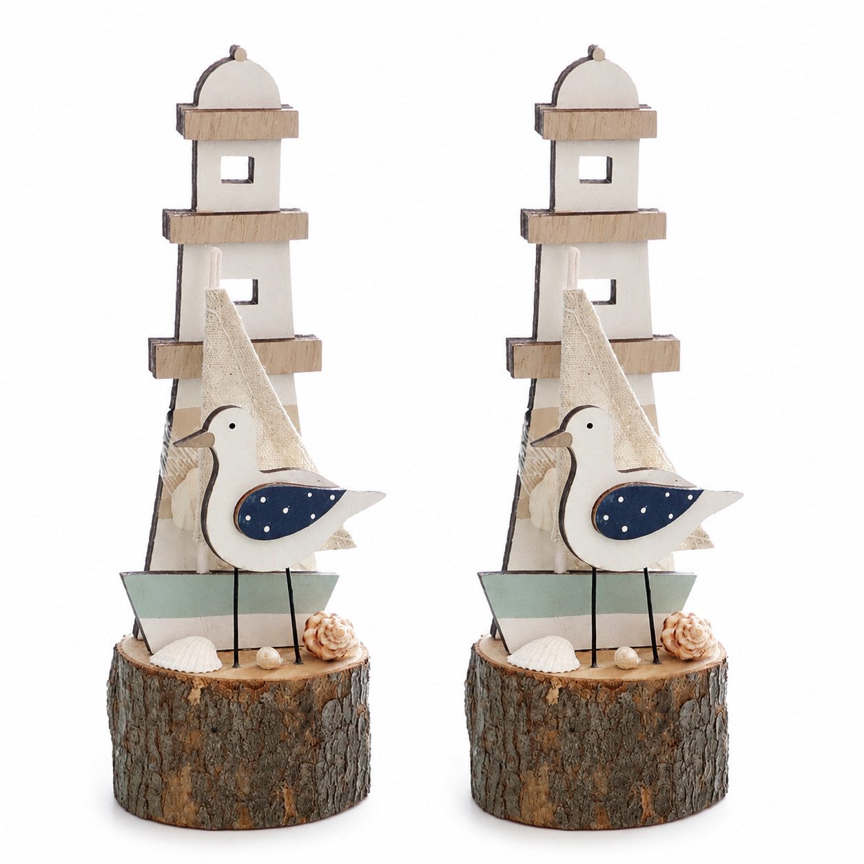 finehomegarden Dekofigur Maritim Deko Leuchtturm Möwe Stamm Shabby Meer See 2er Set (Set, 1 St., 2er-Set), Küste Lighthouse Ø8cm H20cm Sommer Dekoration / Paket