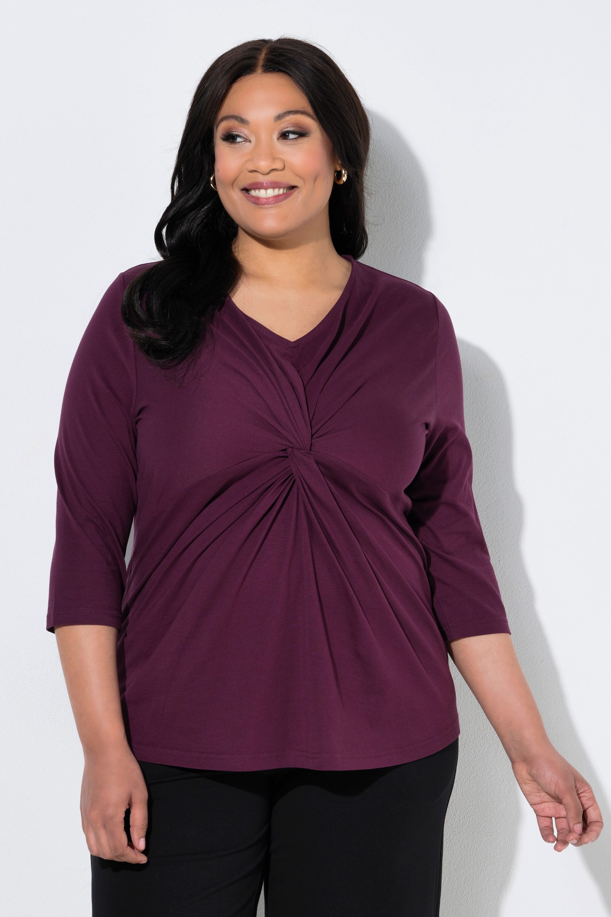 Ulla Popken Longshirt Shirt Zierknoten V-Ausschnitt. 3/4-Arm
