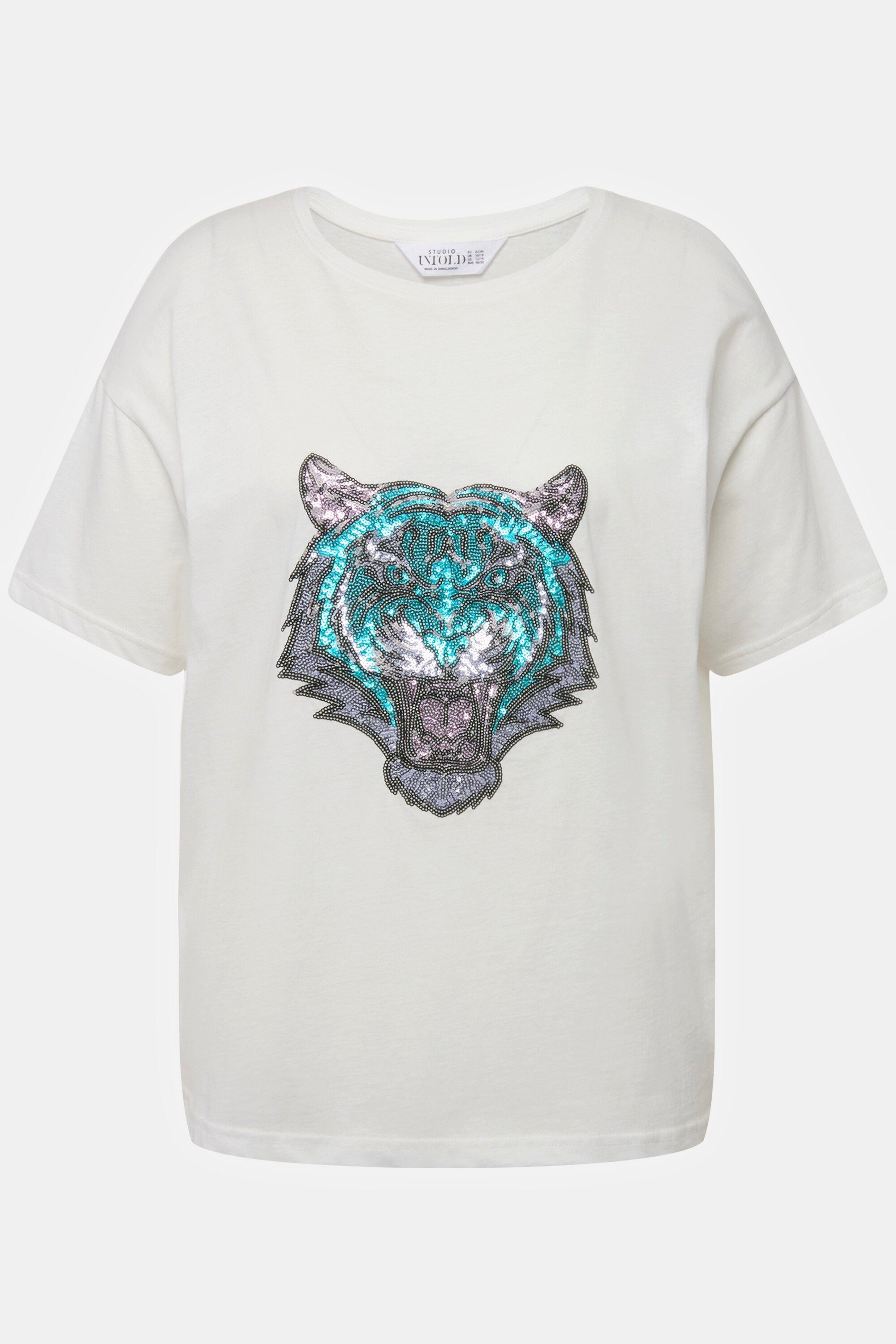 Studio Untold Rundhalsshirt T-Shirt oversized Tiger Pailletten-Patch Rundhals offwhite