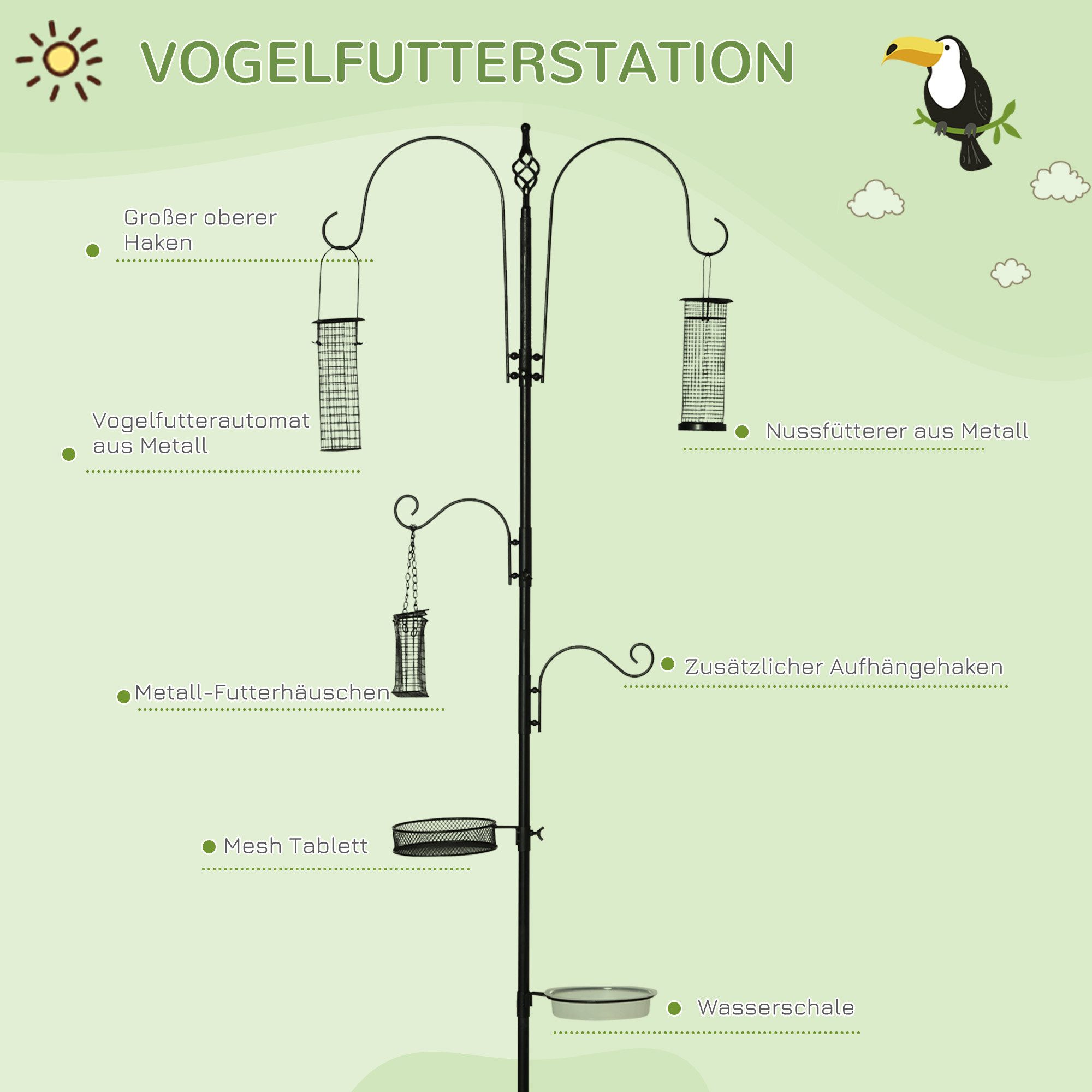 furnicato Vogelhaus Vogelfutterstation Schwarz 54,5L x 54,5B x 208H cm, Vogelhaus mit 4 Haken, 3 Futterschalen und stabilem Sockel für Garten