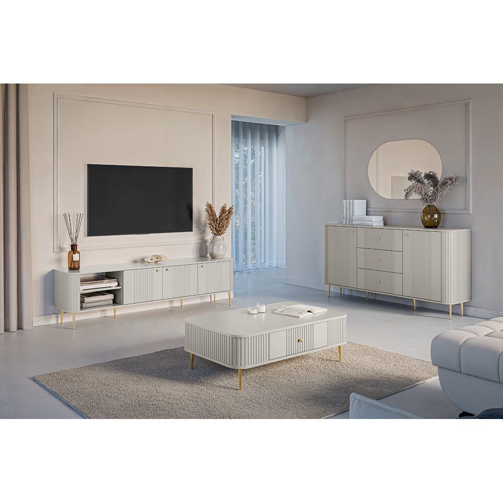 Lomadox Wohnzimmer-Set VIRGINIA-141, (Mega-Spar-Set, 3-St., Kommode Couchtisch Lowboard), kaschmir, goldfarbenen Griffen und Füße, gerillte Frontstruktur