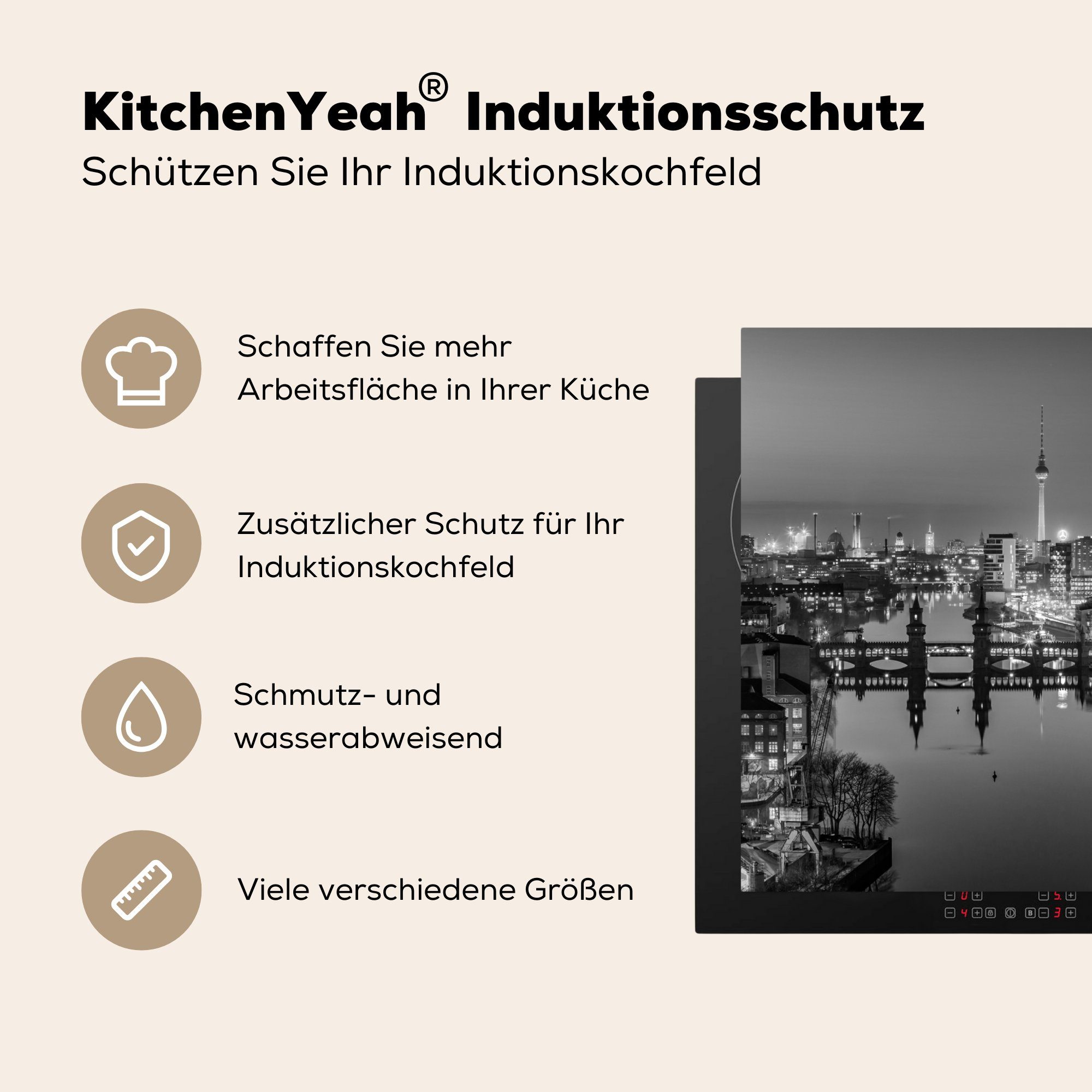 MuchoWow Herdblende-/Abdeckplatte Berlin Stadt, Arbeitsplatte Ceranfeldabdeckung, - für cm, tlg), (1 küche Vinyl, Fluss 78x78 