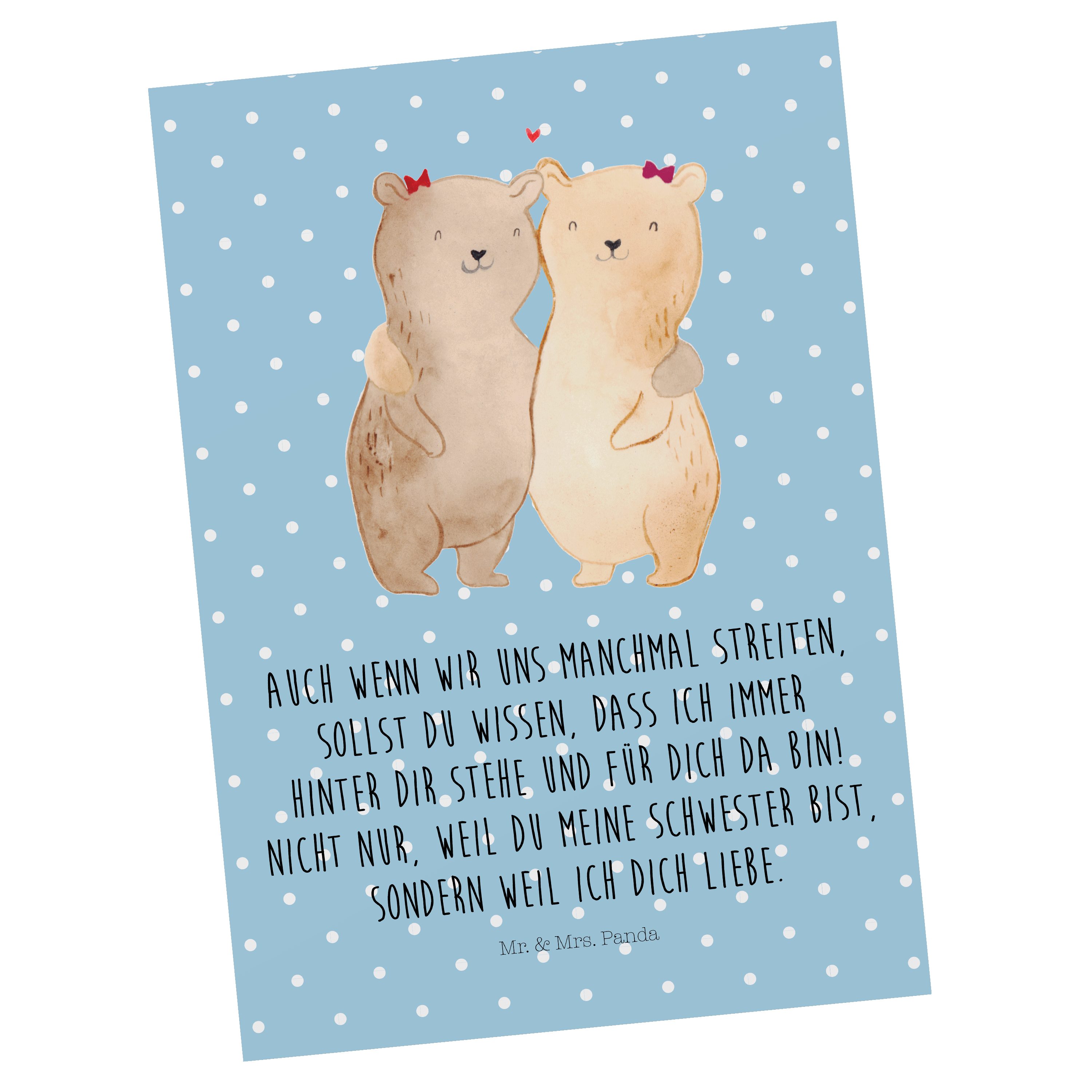 Mr. & Mrs. Panda Postkarte Bären Schwestern - Blau Pastell - Geschenk, Geschenkkarte, Einladung