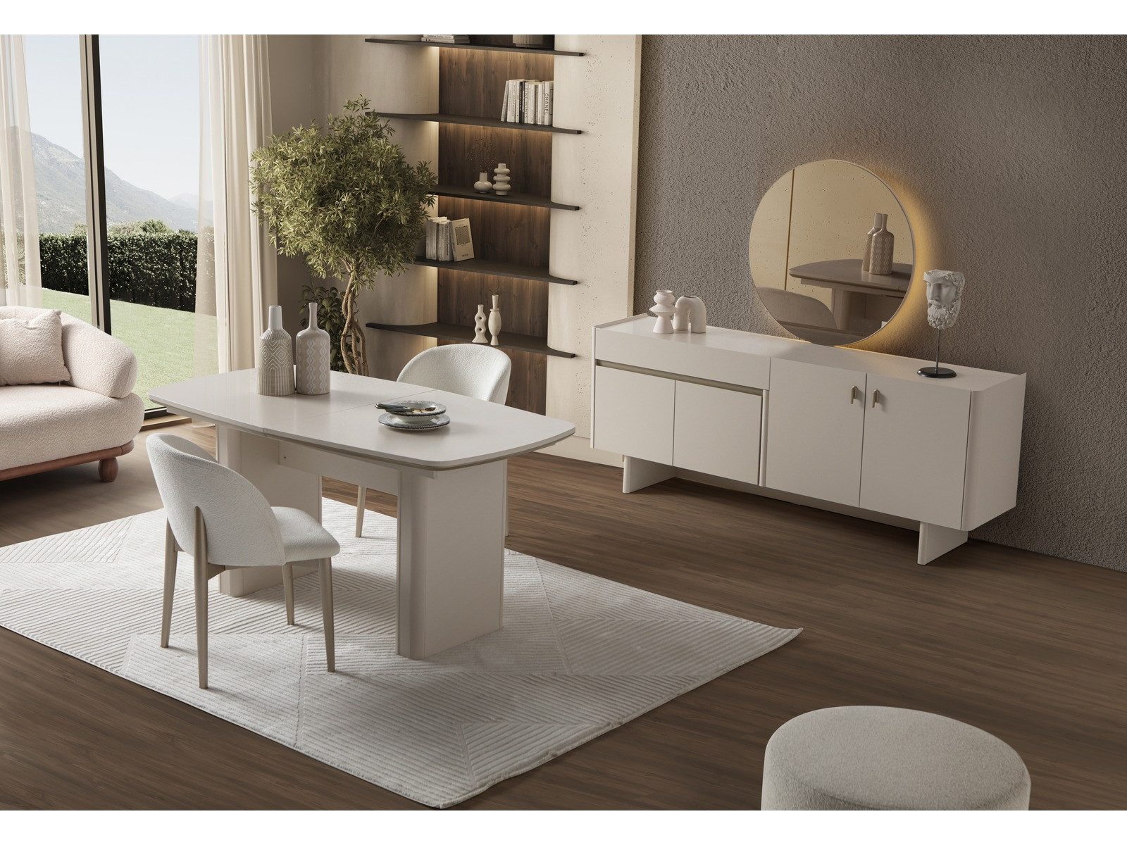 Villa Möbel Esszimmer-Set Alaska, (Esszimmer-Set, 8-St., Esstisch, Sideboard und 6 Stühle), Beige Esszimmer Set mit Bouclé Stühlen bequem und wohnlich
