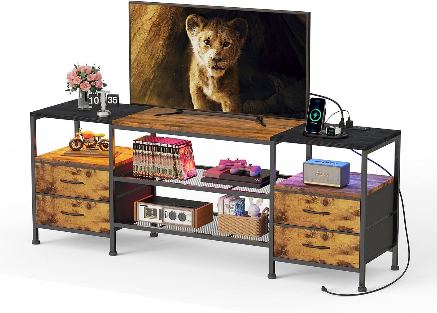 JEOBEST TV-Schrank TV-Regal, Sideboard, Lowboard mit offenen Fächern und Schubladen (TV Board,1 St, Fernsehtisch)Metallgestell, für 70 Zoll & kleinere TVs