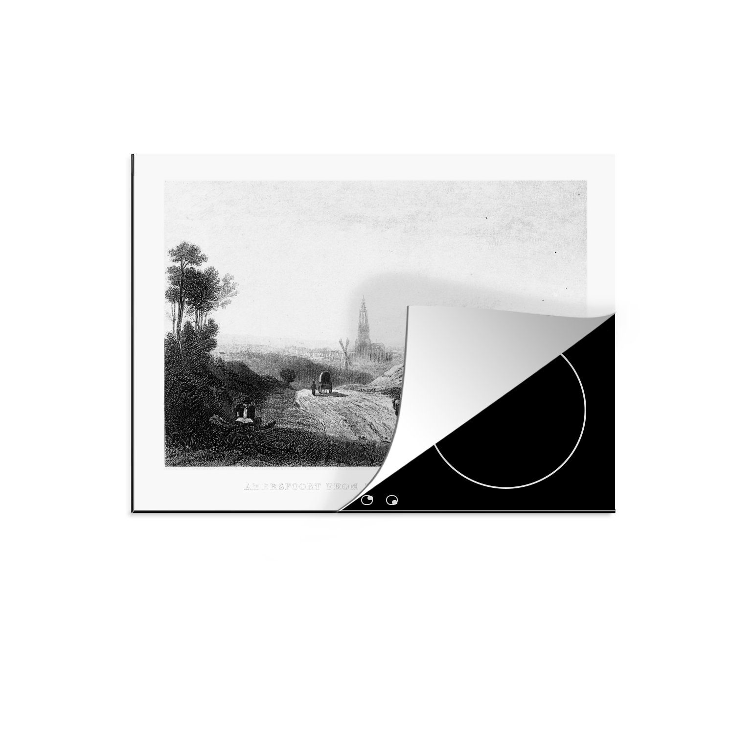 MuchoWow Herdblende-/Abdeckplatte Eine Schwarz-Weiß-Abbildung der Kathedrale von Utrecht, Vinyl, (1 tlg), 70x52 cm, Mobile Arbeitsfläche nutzbar, Ceranfeldabdeckung | Herdabdeckplatten