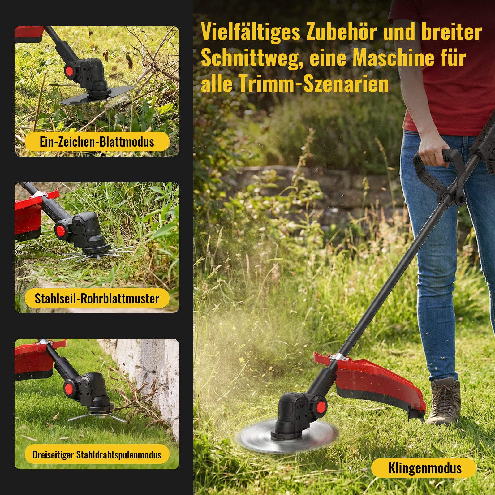 CONENTOOL Akku-Rasentrimmer Bürstenlos 1200W, 8000mAh Gesamtkapazität (2×4,0Ah), 25.5 cm Arbeitsbreite Messer, 23 cm Arbeitsbreite Faden, (Bürstenloser Motor, 2 – Bild 4 von 5