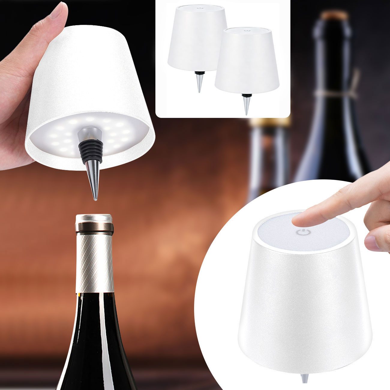 shop'n smile ideoon LED Tischleuchte Akku Flaschenlampe Weiß Dimmbar LED Tischleuchte Touch USB-C kabellos, LEDs, Akku-Flaschenlicht 3 Lichtfarben, dimmbar, Touch, Metallschirm