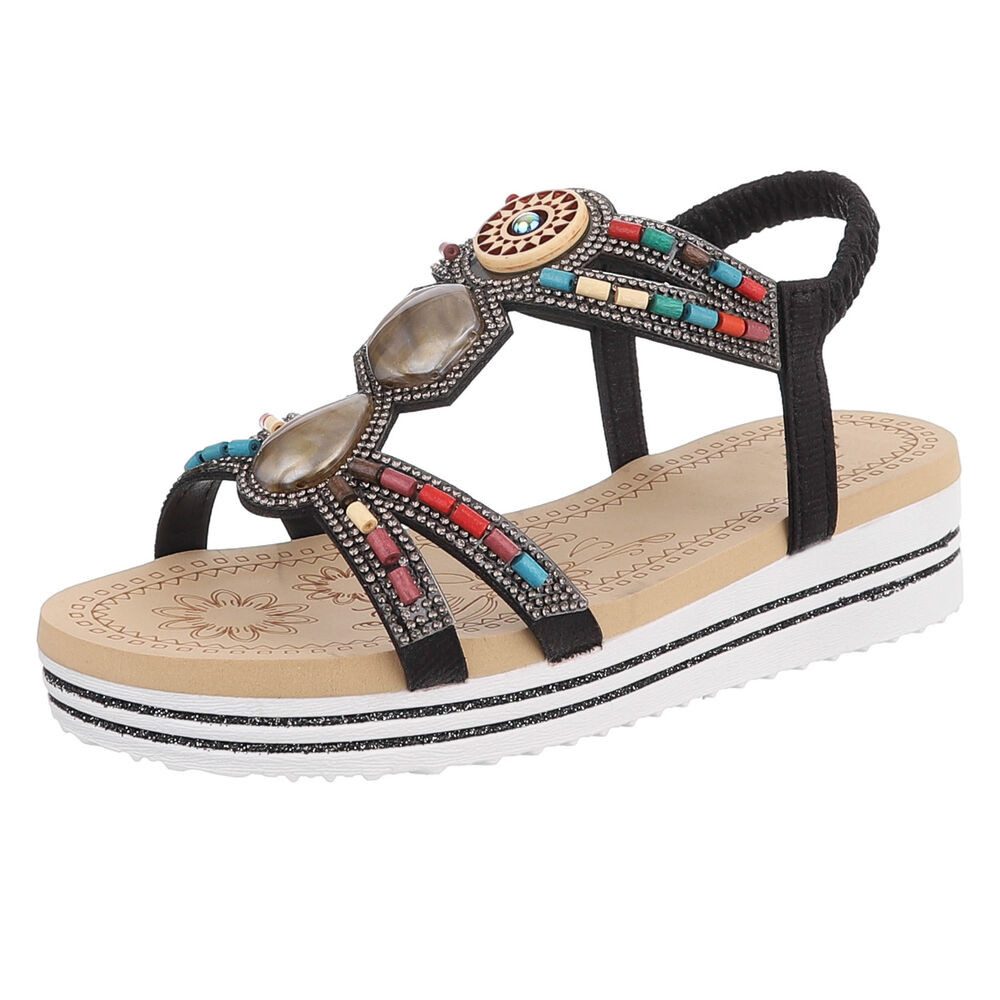 Ital-Design Damen Sandalen mit Stein- und Perlenverzierungen, Freizeit Plateausandaletten (91512205) Keilabsatz/Wedge Keilsandaletten in Schwarz