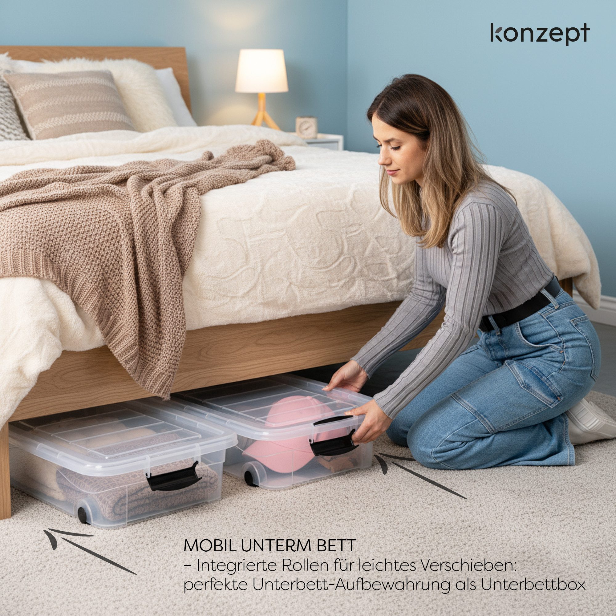 KONZEPT Aufbewahrungsbox Unterbett Plastikbox mit Rollen und Deckel, Platz sparen & Ordnung schaffen,Volumen: 30 Liter – Bild 2 von 5