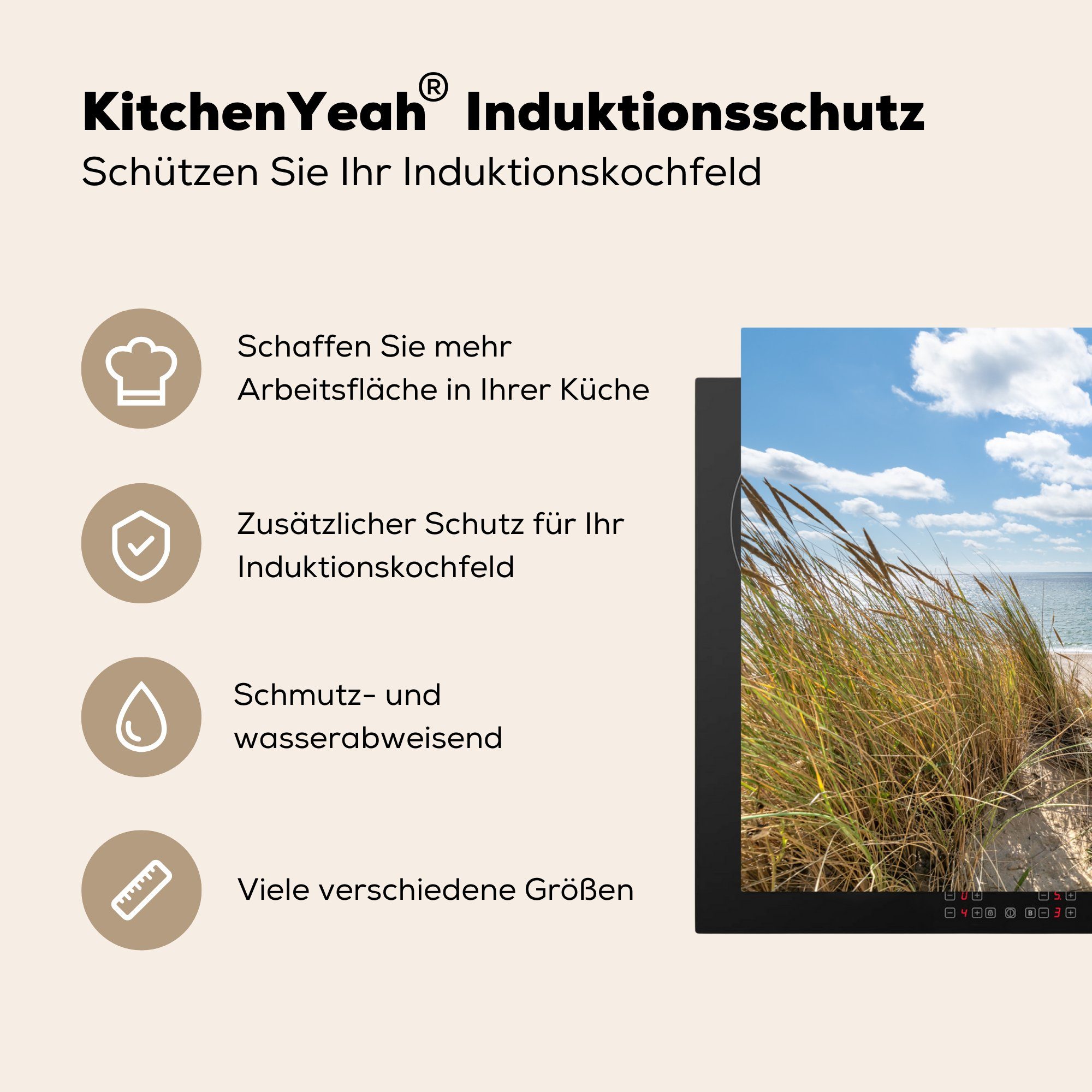 MuchoWow Induktionskochfeld Vinyl, für Strand, cm, küche, (1 tlg), Herdblende-/Abdeckplatte 81x52 Meer - Schutz Gras Düne - die - Ceranfeldabdeckung