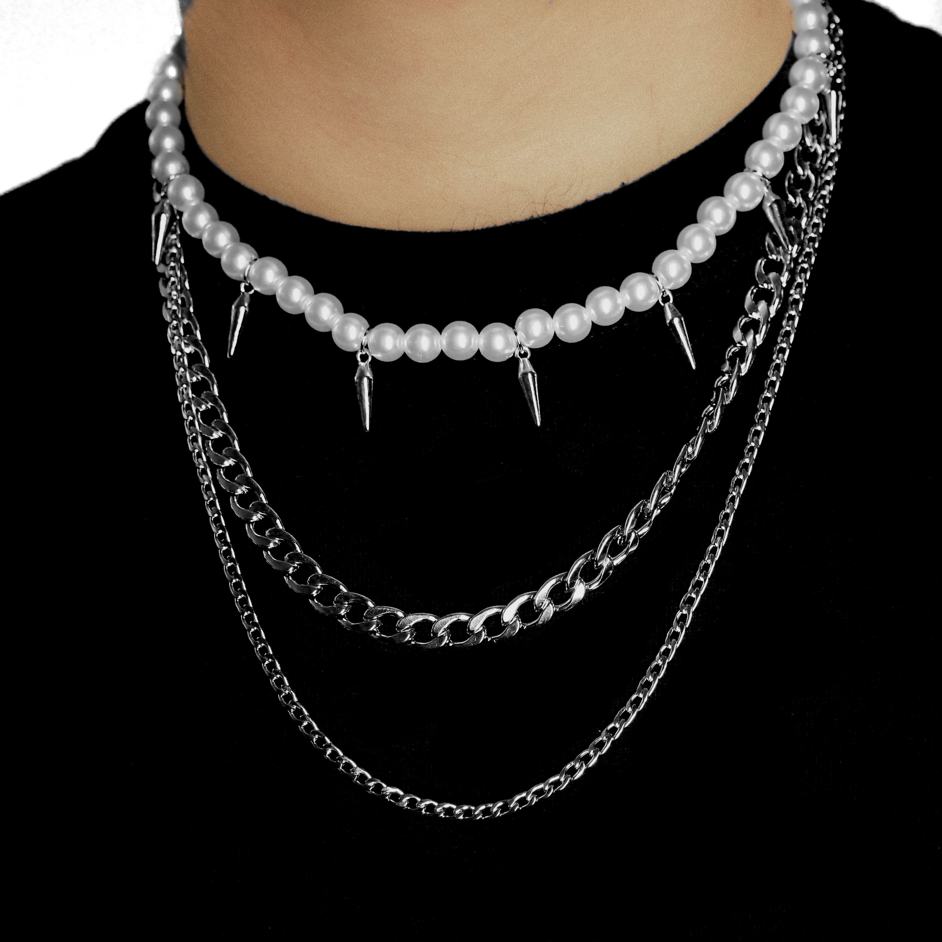 Perlenketten-Set Perlenkette mit Nieten Kubanische Kette Edelstahl 3er Set Herren