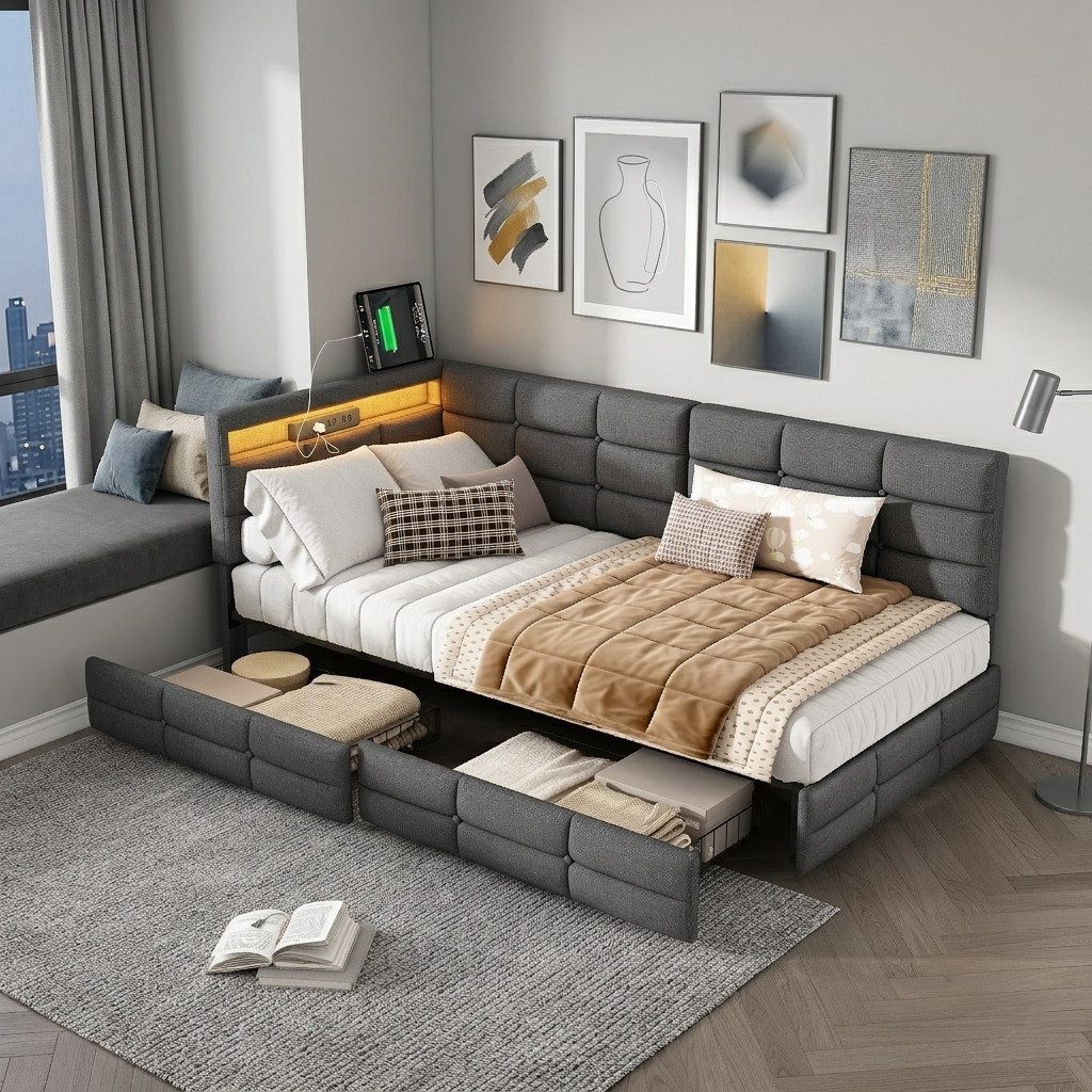 Simurq Polsterbett Polsterbett Einzelbett Daybett Tagesbett 90x200 cm (inkl. Lattenrost, Ohne Matratze), 2 Schubladen, mit USB + Type-C, LED-Beleuchtung, Leinen, Grau