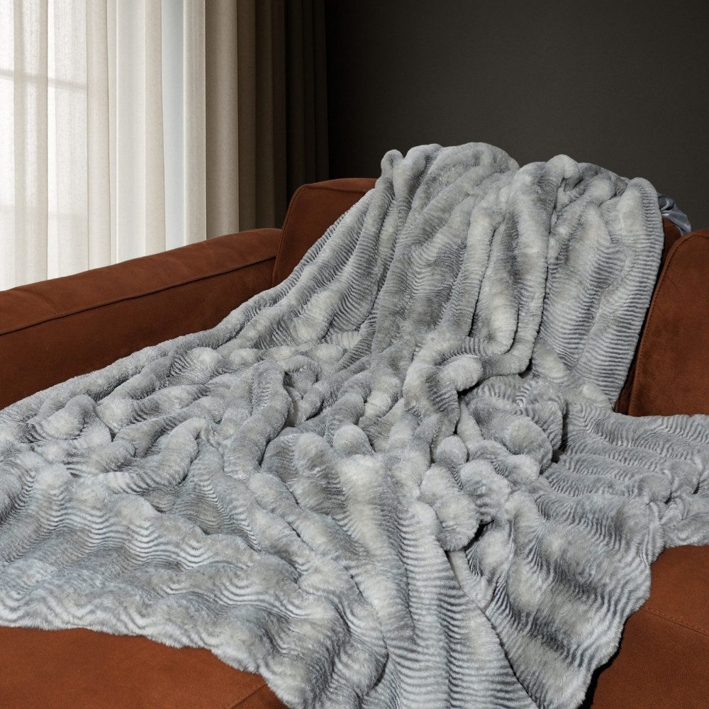 Wohndecke Waschbär-Fell Kuscheldecke, REALLaxx, 150x200 / 220x240 XXL Sofadecke Kunstfell grau, waschbar – Bild 4 von 5
