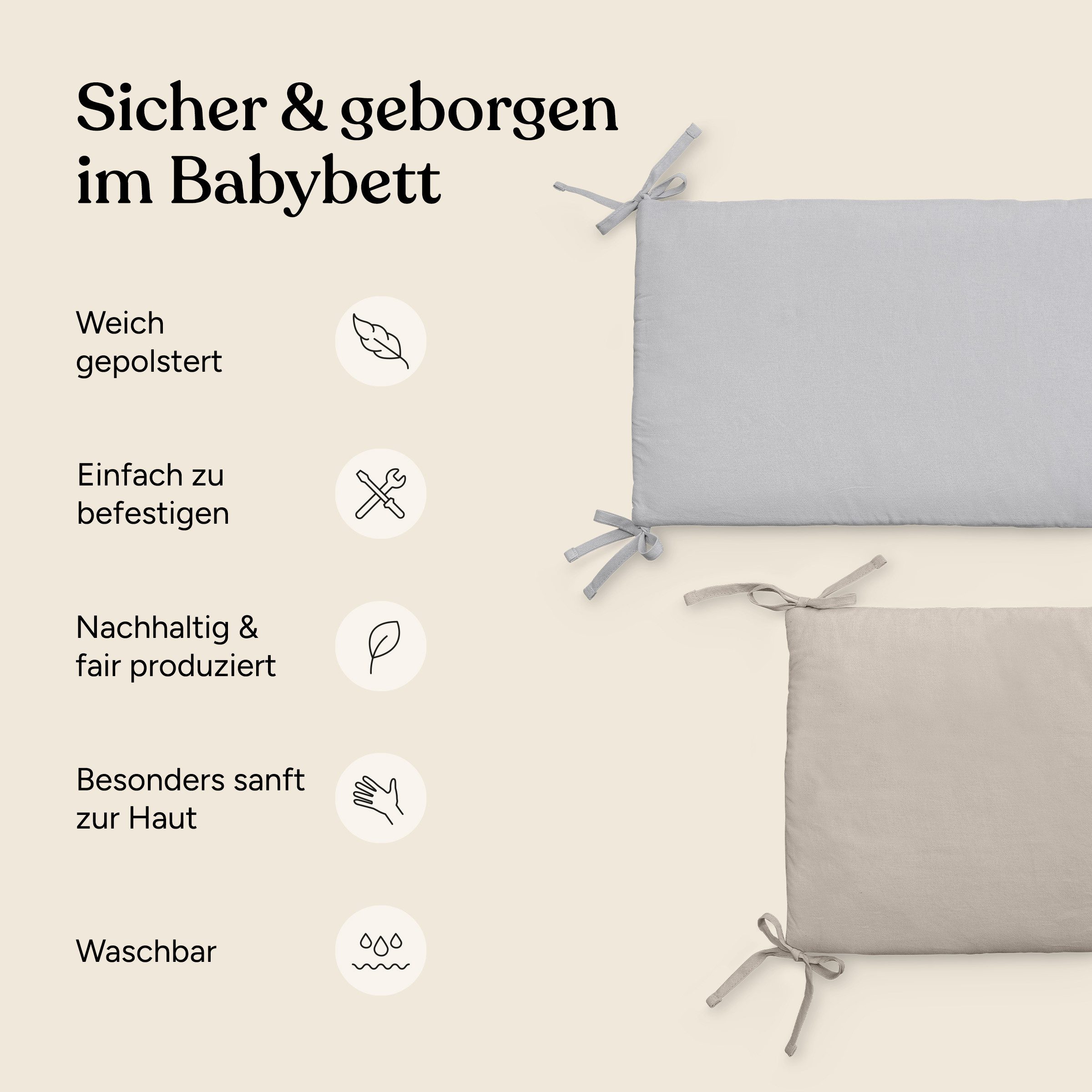 Ehrenkind Bettumrandung Bettumrandung Babybett aus Bio-Baumwolle, (hochwertige Bio-Baumwolle und innen weich gepolstert, Babybett Umrandungen), Bettumrandung Babybett, Gitterbett Schutz