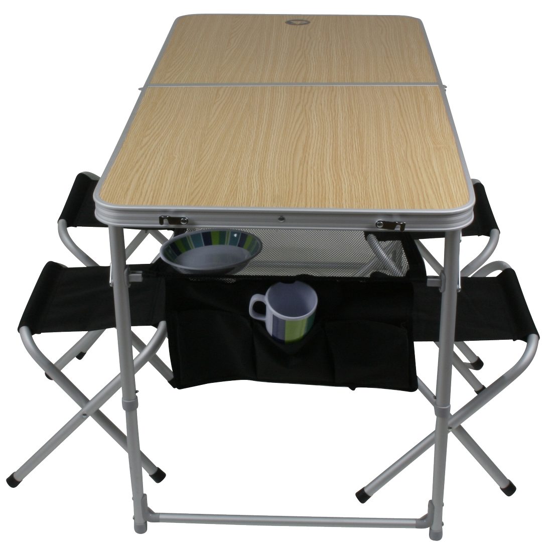 Tisch-Hocker-Set 10T Netz-Ablagefäche 4 Koffer Family 64x64x9cm 10T - Mobiles Personen Aluminium + Portable im Campingtisch