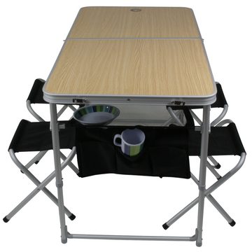 10T Campingtisch 10T Portable Family - Mobiles Tisch-Hocker-Set 4 Personen Aluminium + Netz-Ablagefäche im Koffer 64x64x9cm