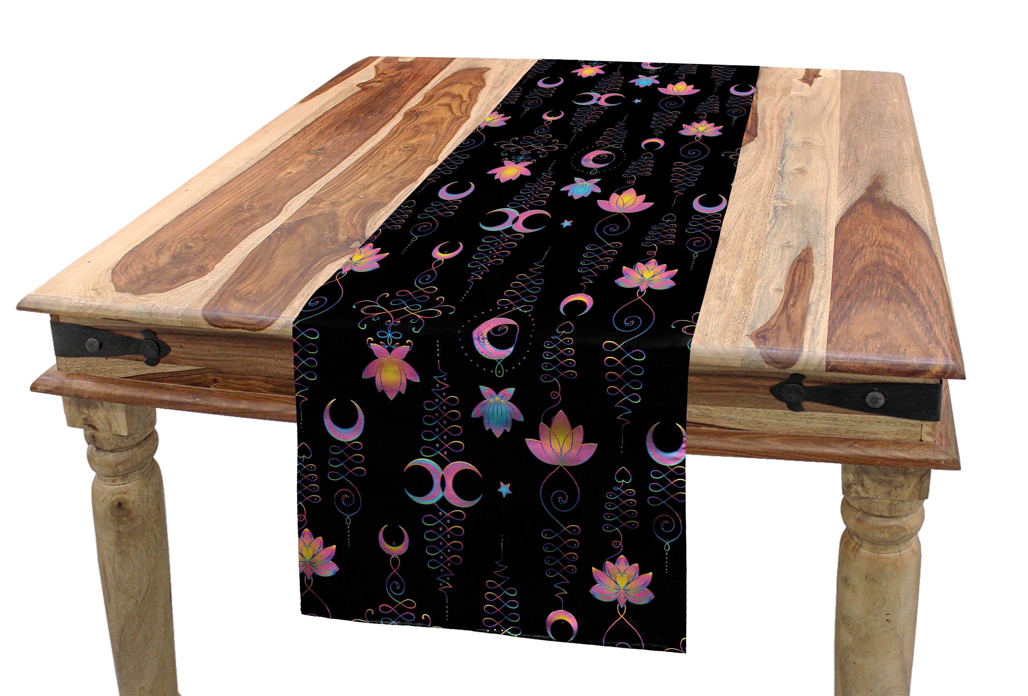 Abakuhaus Tischläufer Esszimmer Küche Rechteckiger Dekorativer Tischläufer, Lotus Abstrakte Blumen und Crescent