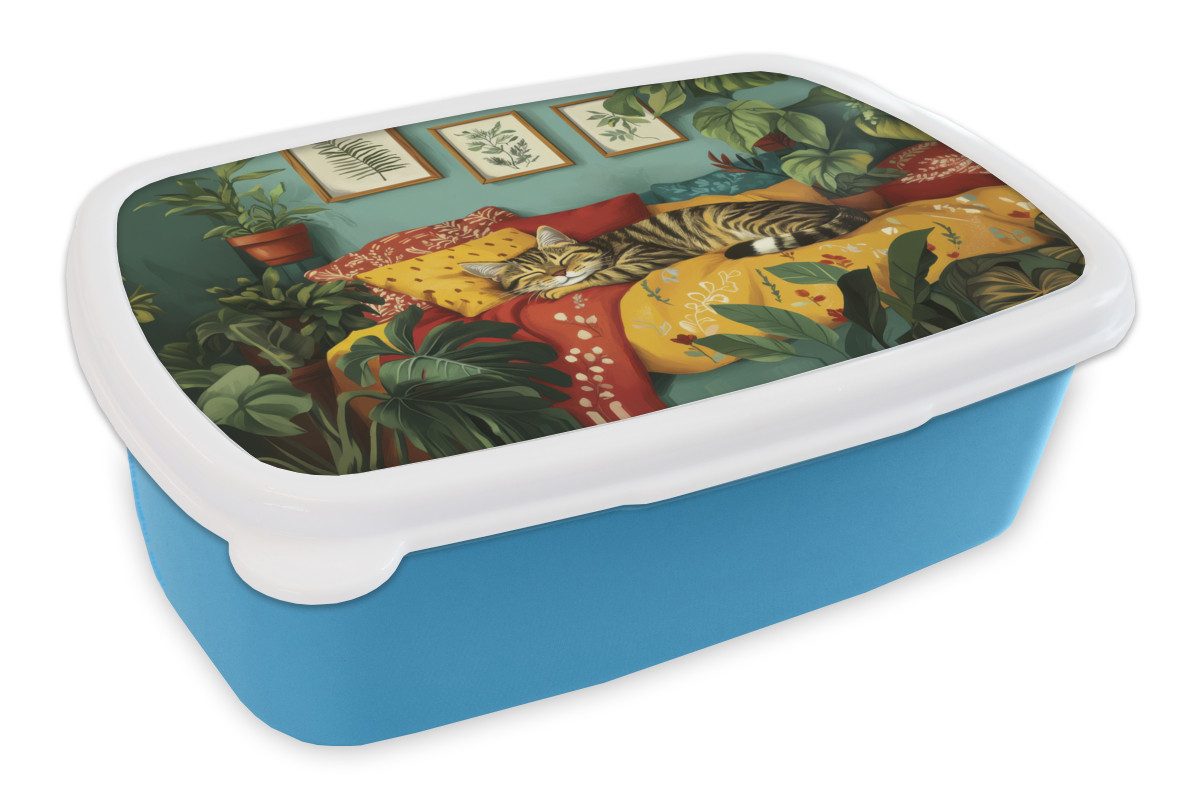 MuchoWow Lunchbox Katze - Pflanzen - Grün, Kunststoff, (2-tlg), Brotdose, Lunchbox, Brotbox für Kinder und Erwachsene