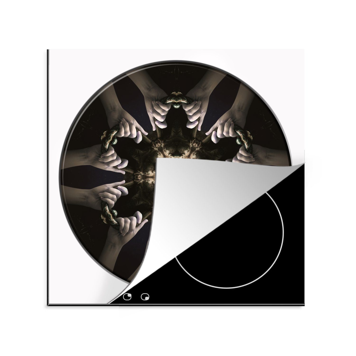 MuchoWow Herdblende-/Abdeckplatte Rundes dreidimensionales Medaillon mit Händen auf einem Türklopfer auf, Vinyl, (1 tlg), 78x78 cm, Ceranfeldabdeckung, Arbeitsplatte für küche